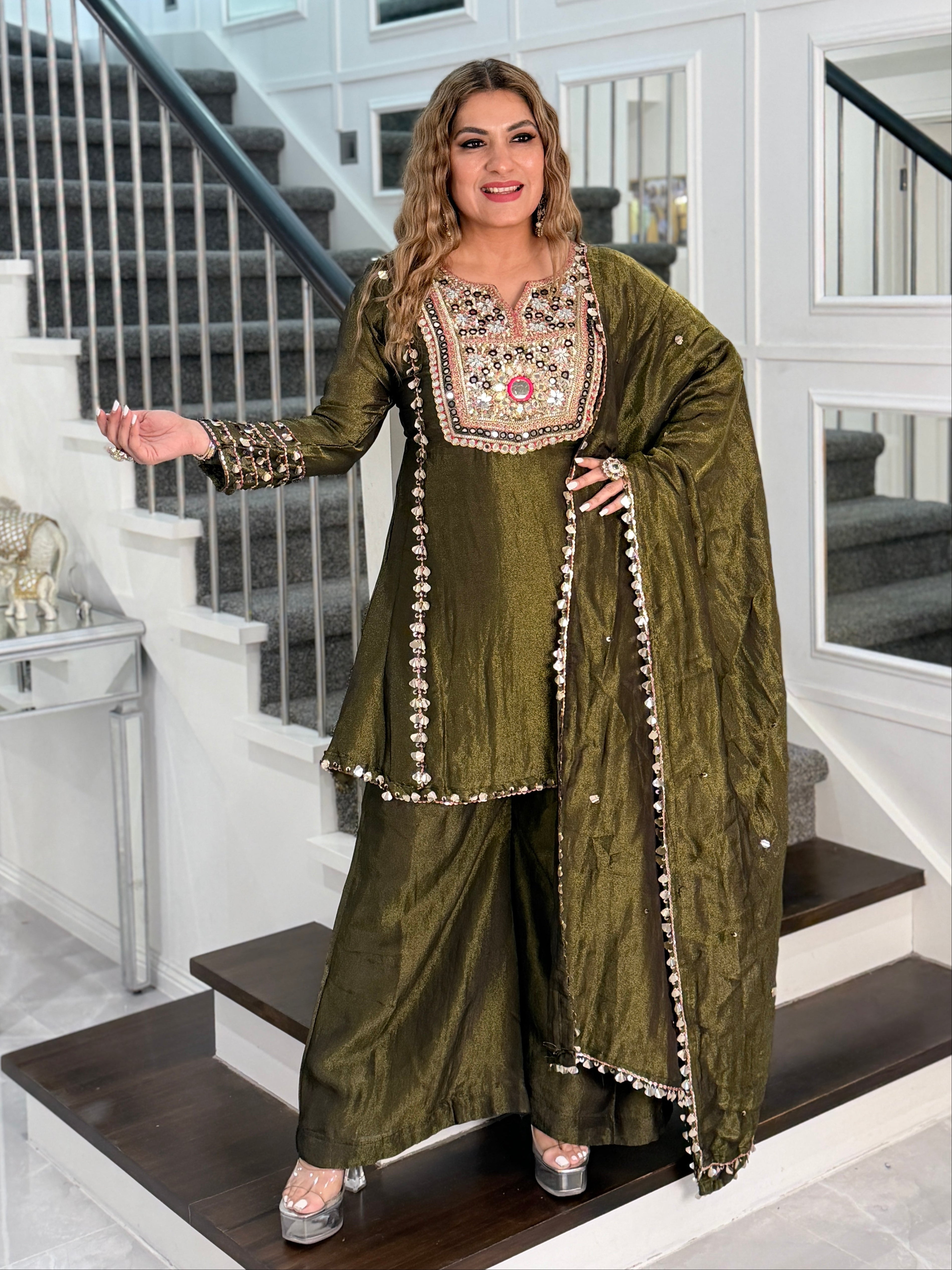 Olive Green Embroidered Salwar Kameez - Salwar Kameez