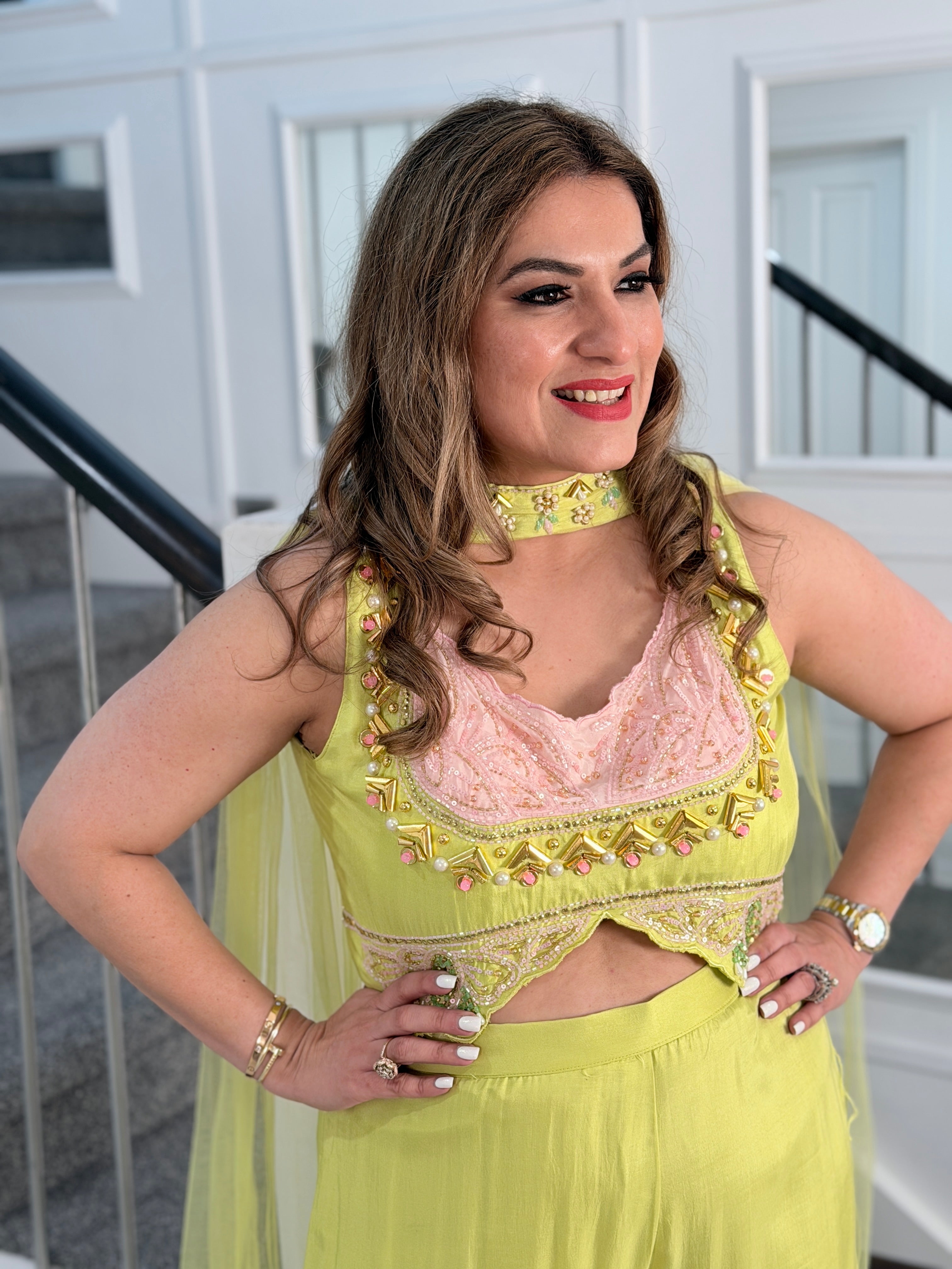 Lime Green Indo-Western Set with Pink Accents - Indo-western Wear (3)