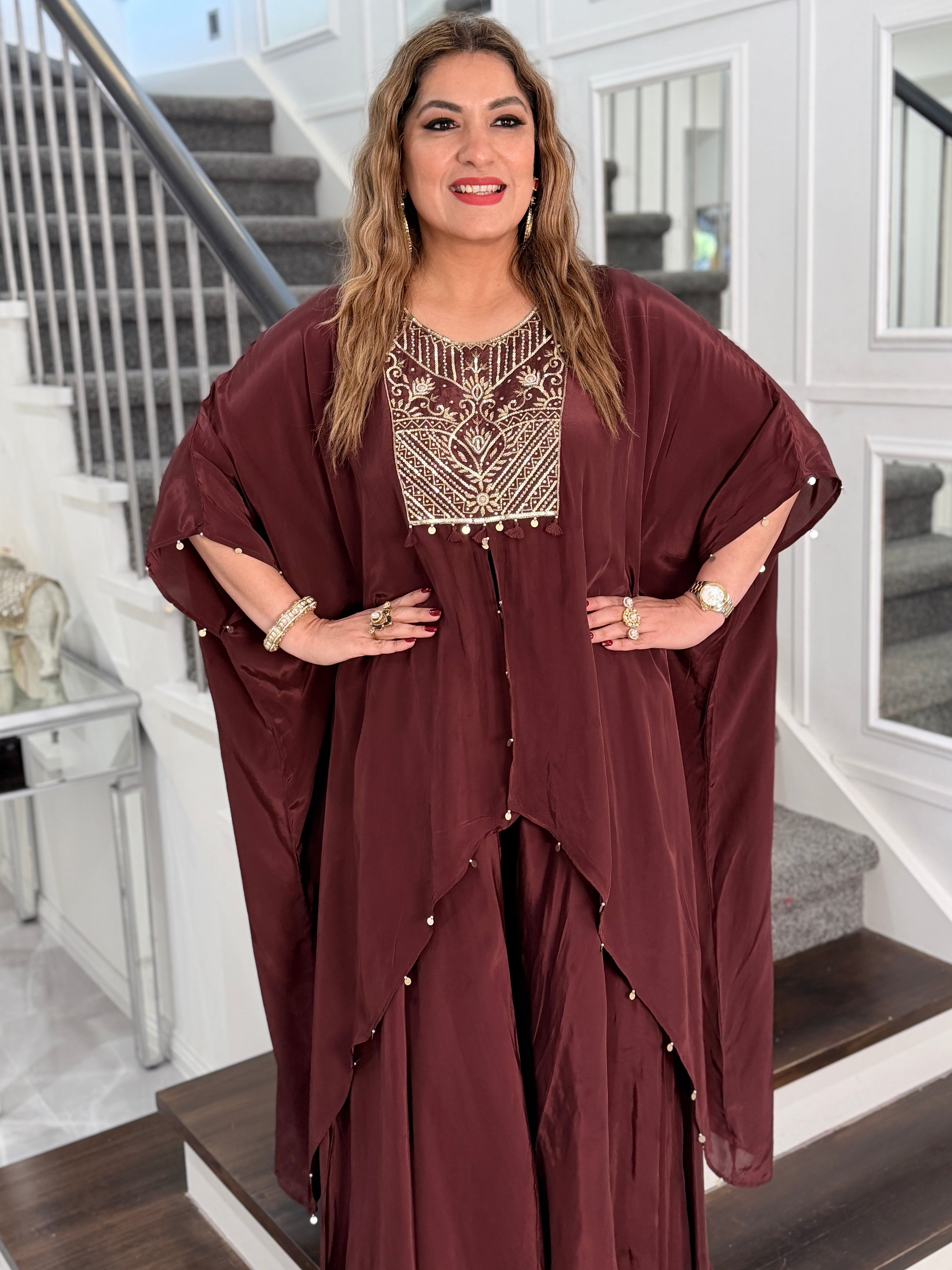 Elegant Burgundy Embroidered Kaftan Set  - Coordset (2)