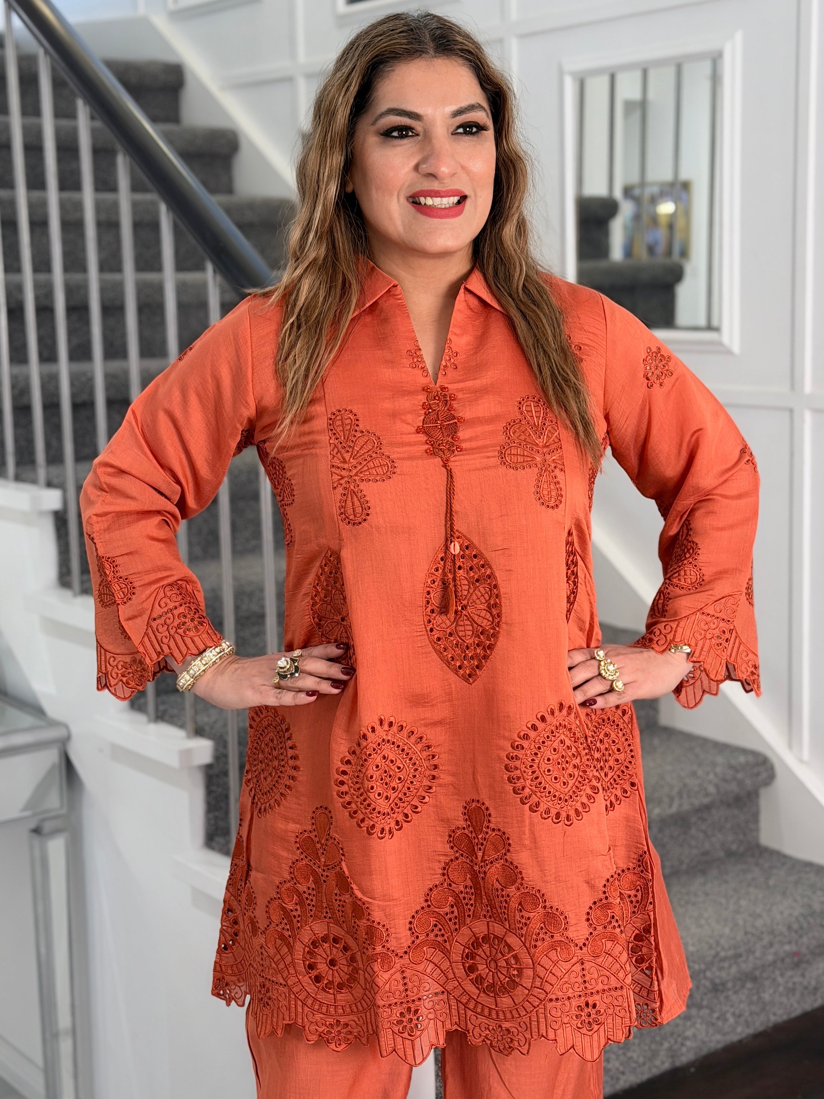 Elegant Coral Embroidered Kurta - Coordset (3)