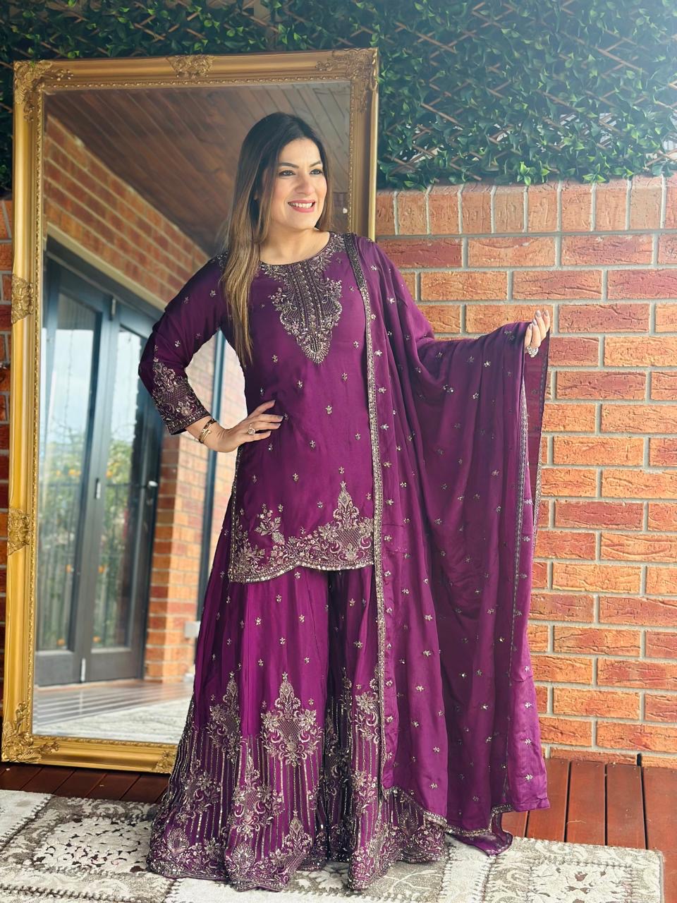 Plum Embroidered Ethnic Set - Salwar Kameez