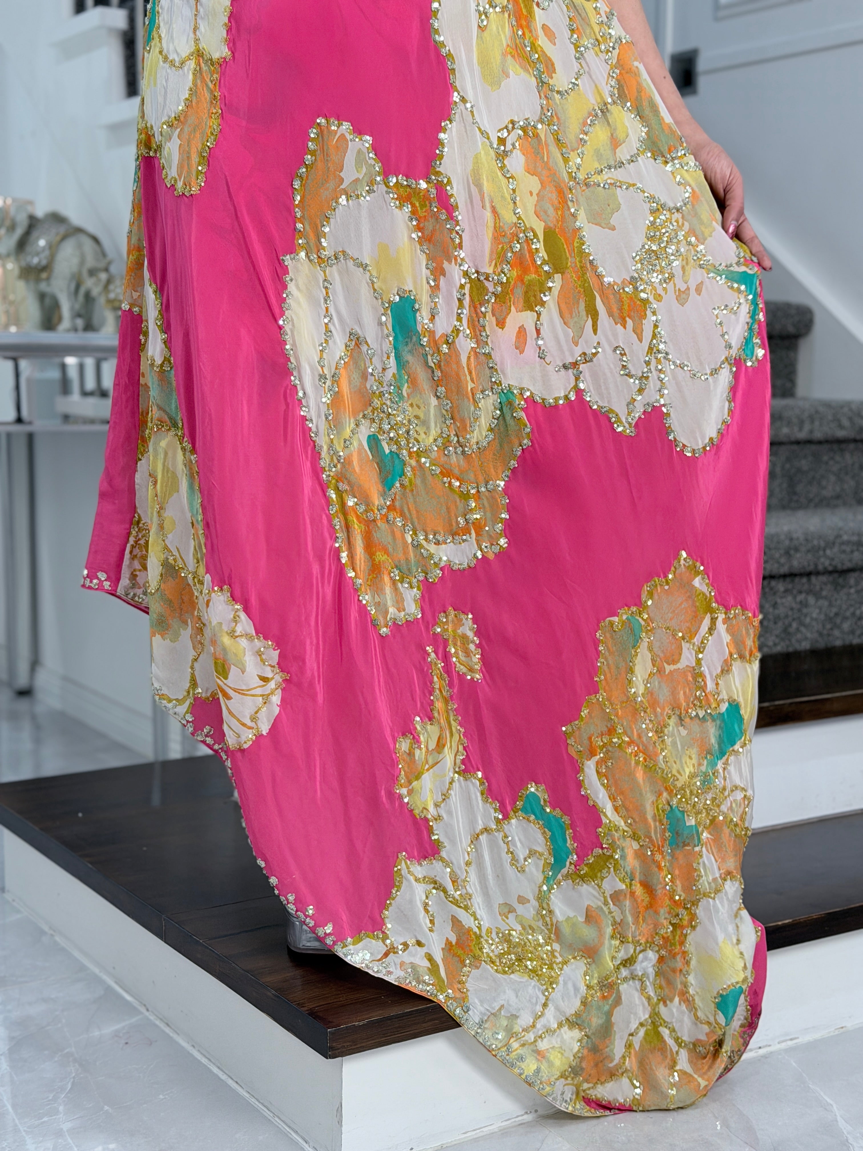Vibrant Pink Floral Indo-Western Gown - Indo-western Wear (5)