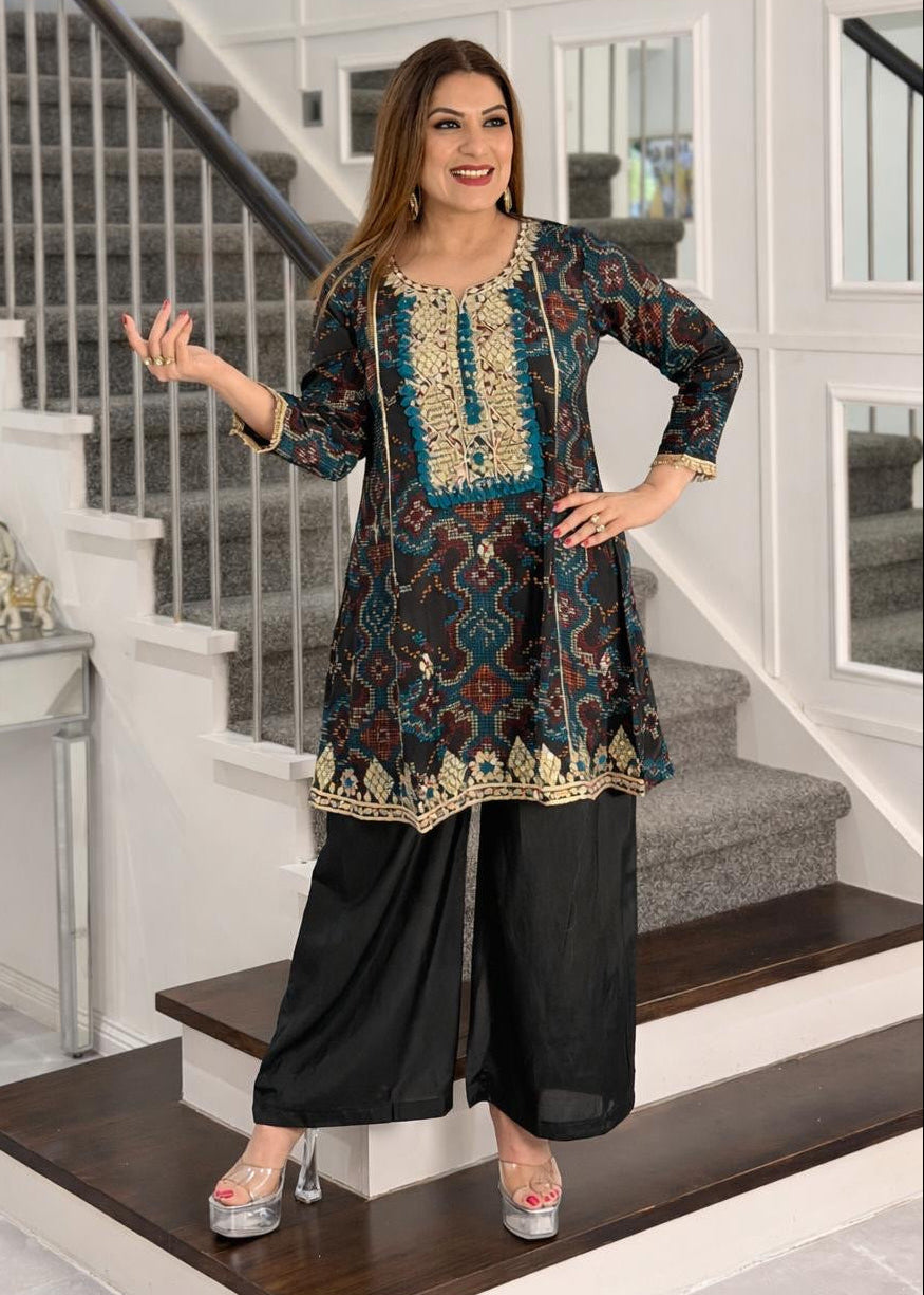 Teal and Black Embroidered Kurta Set - Coordset