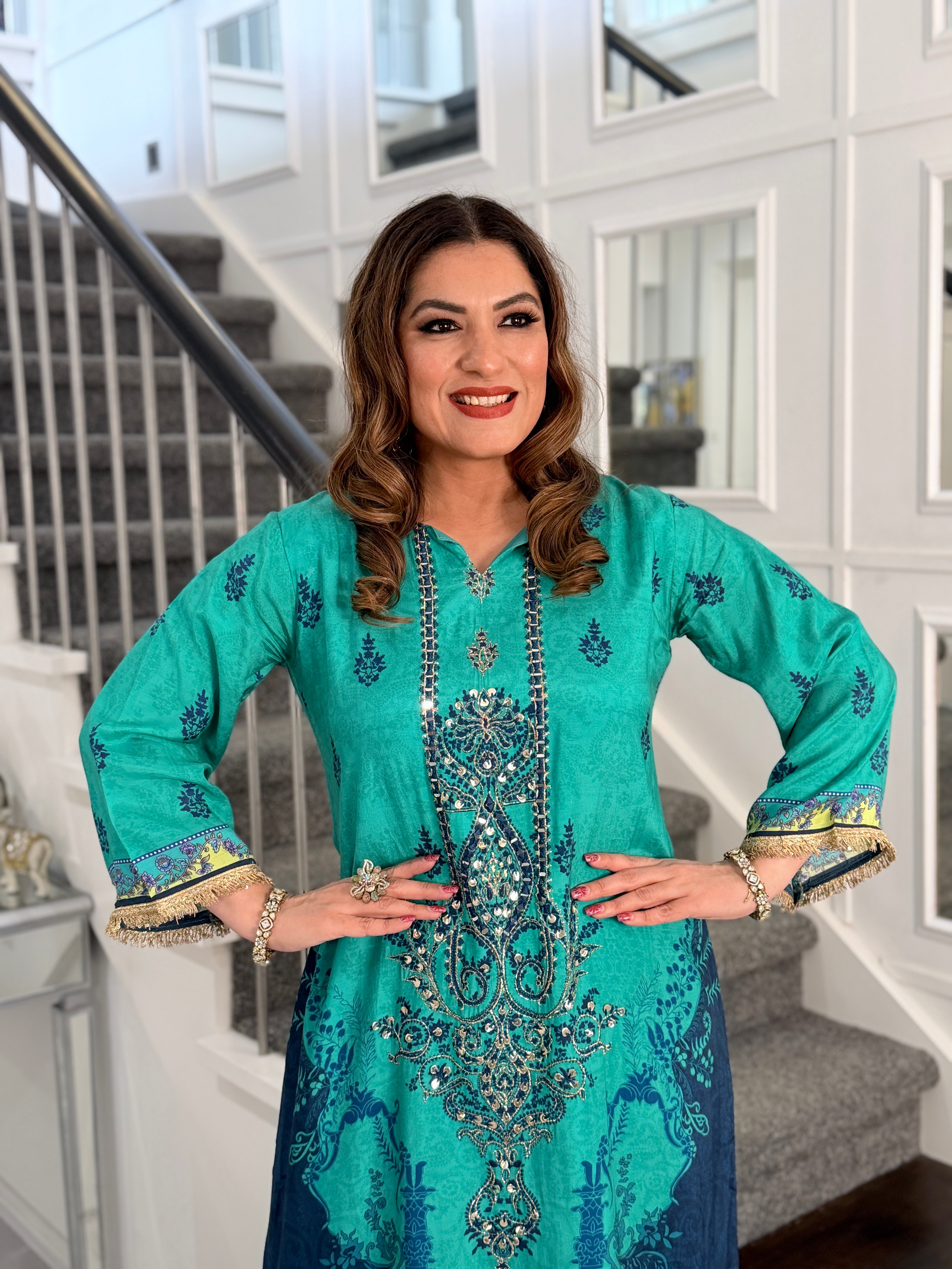 Elegant Turquoise and Navy Embroidered Coordset - Coordset (2)