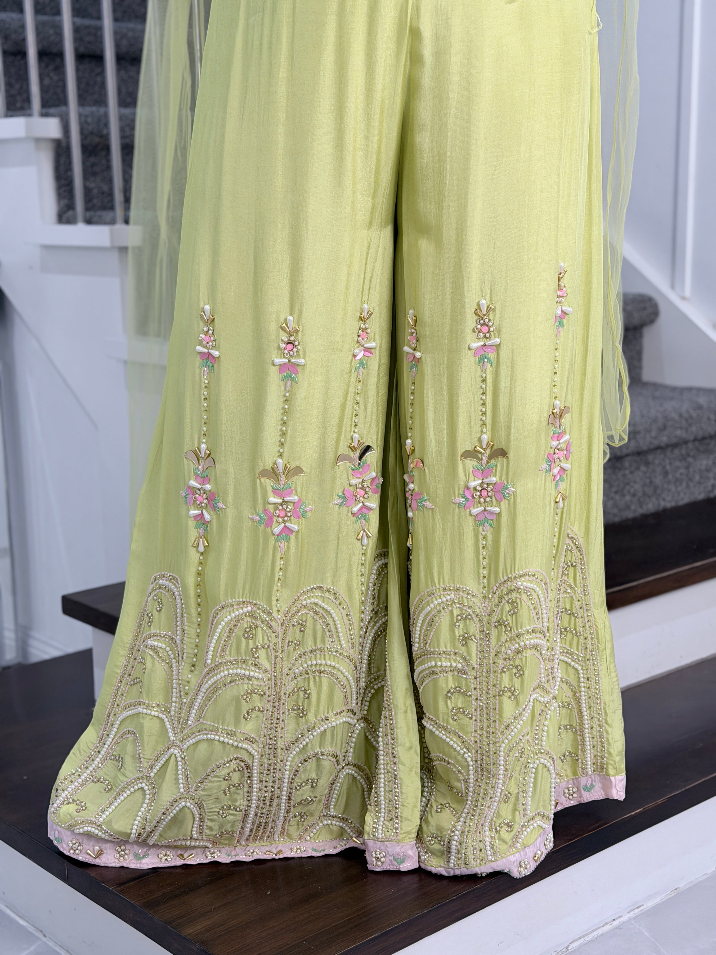 Lime Green Indo-Western Set with Pink Accents - Indo-western Wear (5)