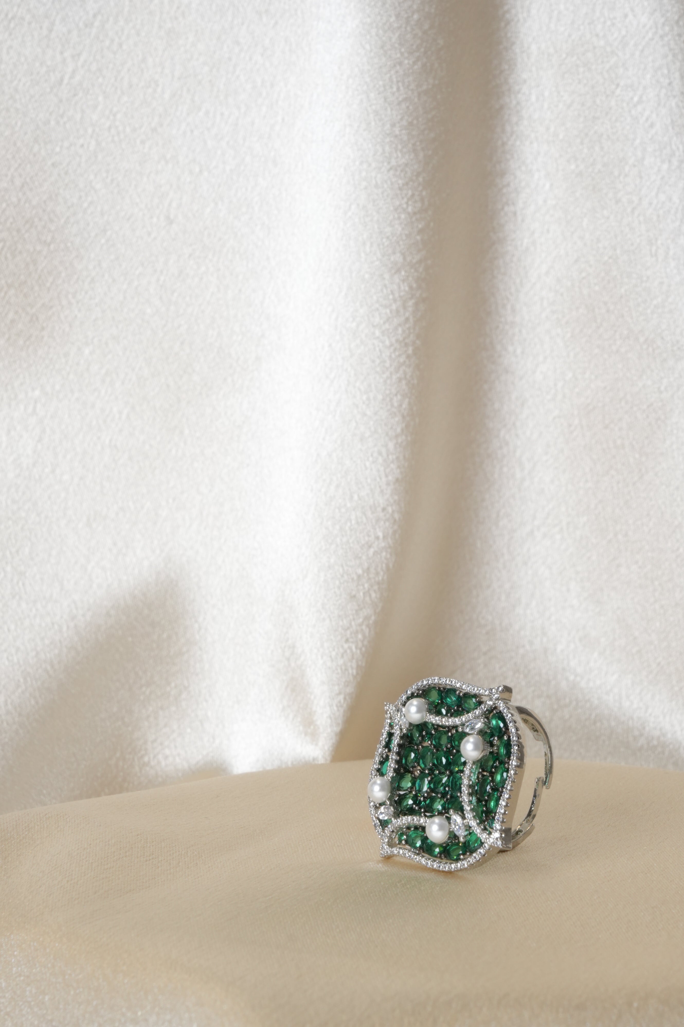 Elegant Emerald and Pearl Cocktail Ring - Rings
