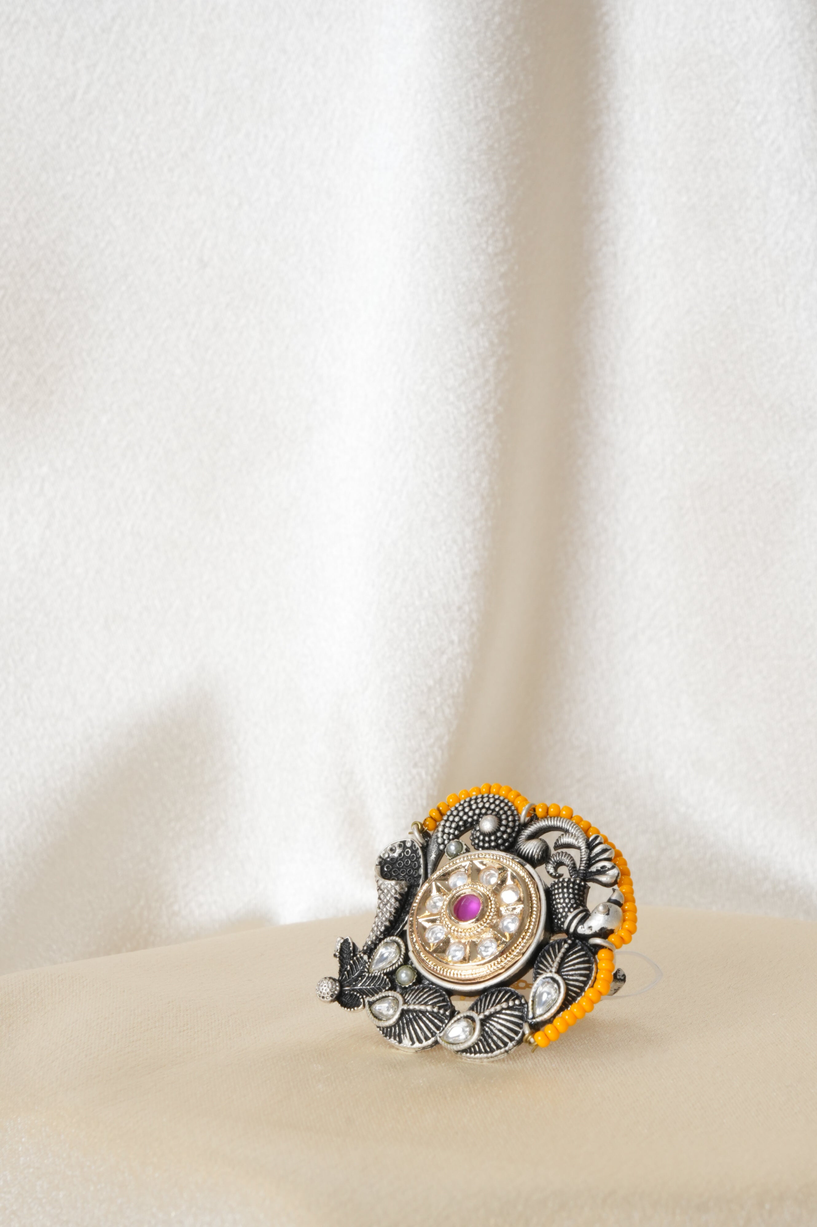 Elegant Silver Ornate Ring with Pink Stone - Rings