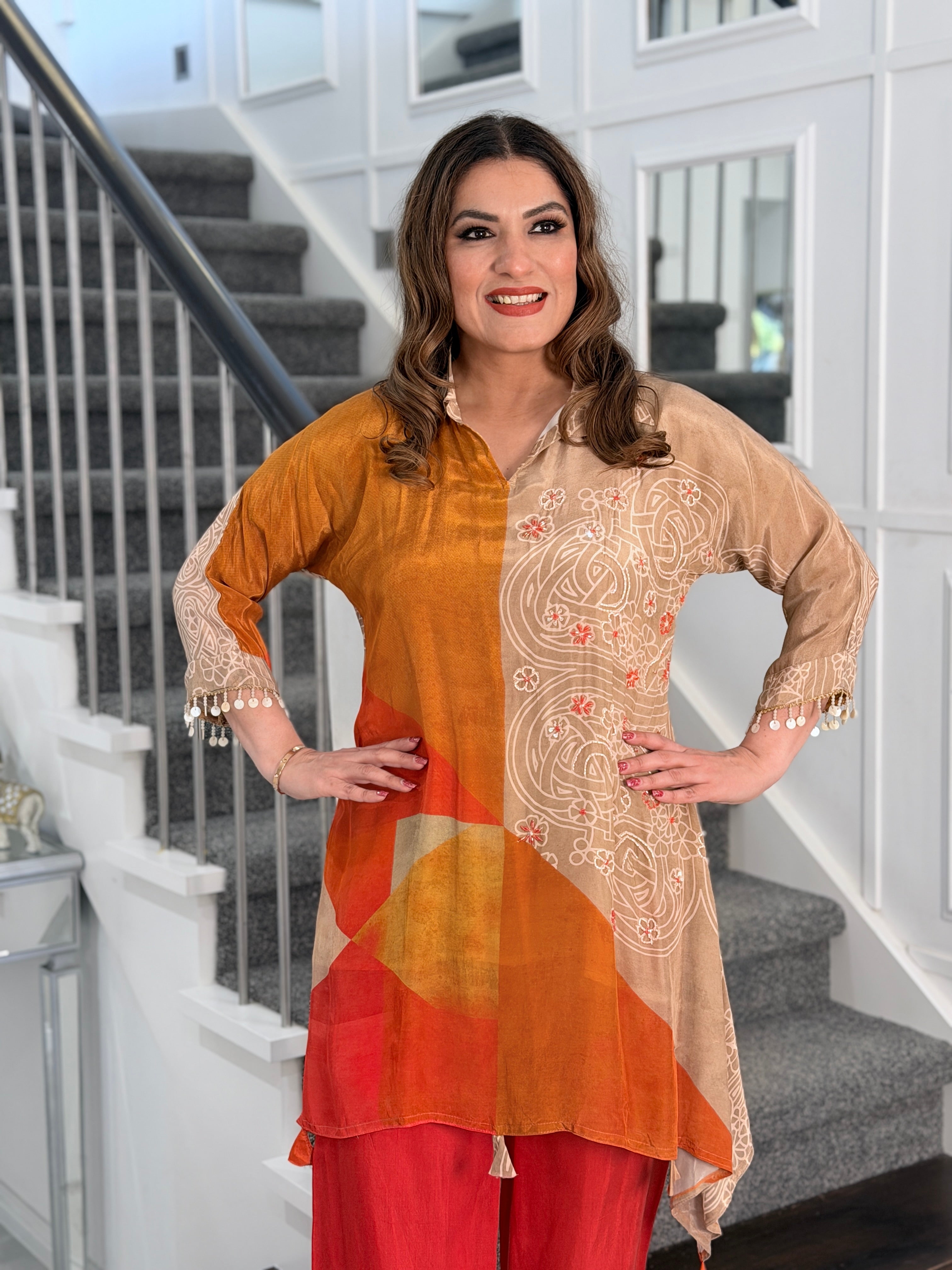 Vibrant Orange and Beige Embroidered Coordset