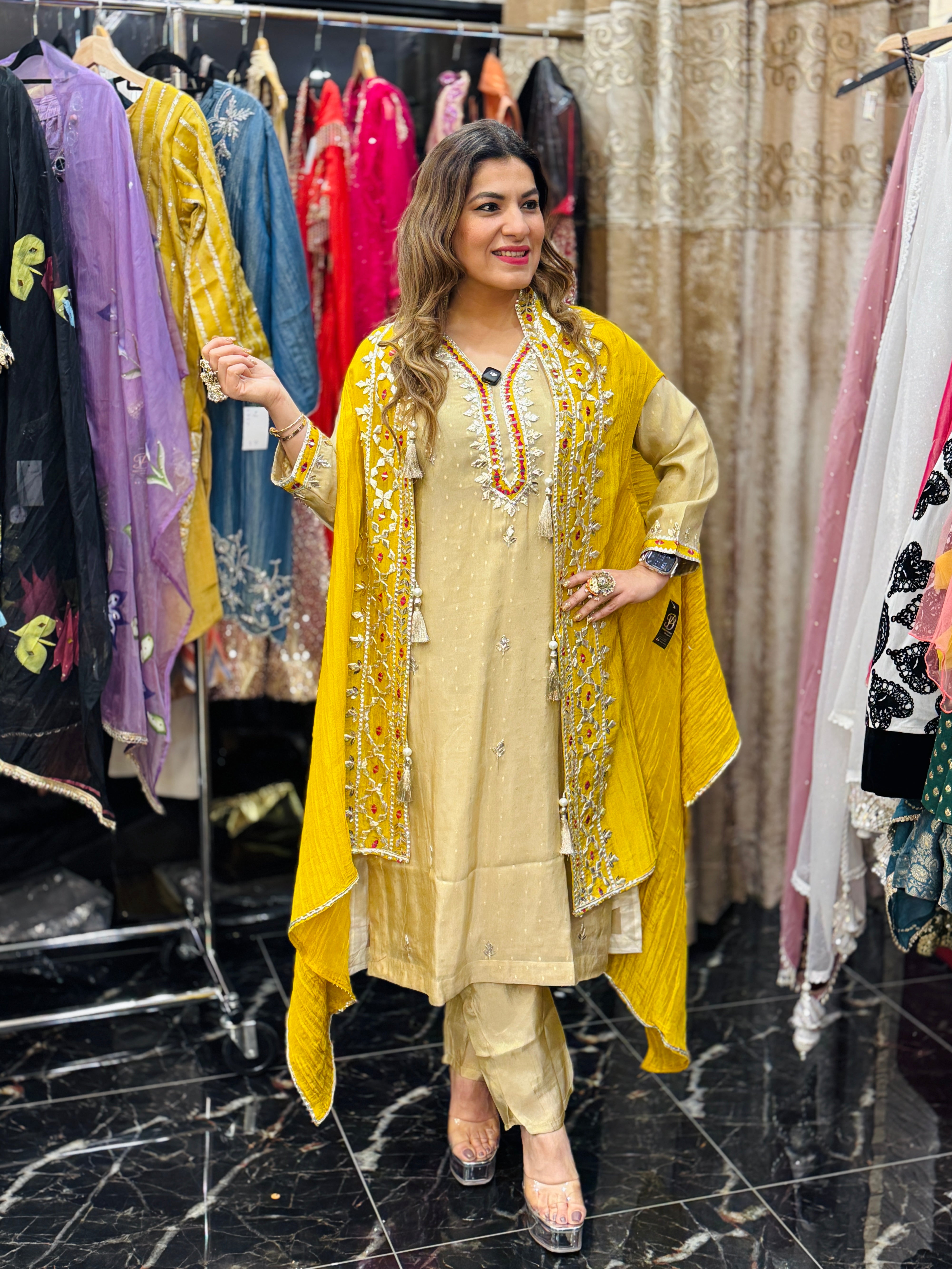 Elegant Yellow Embroidered Kurta Set  with Cape - Coordset