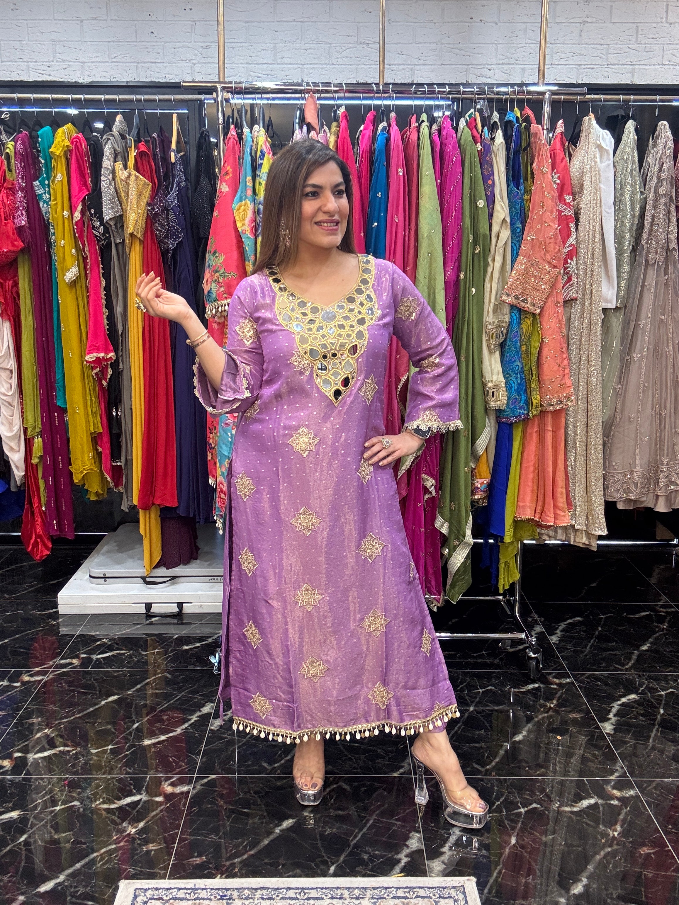 Lavender Mirror Work Festive Kurta - Coordset