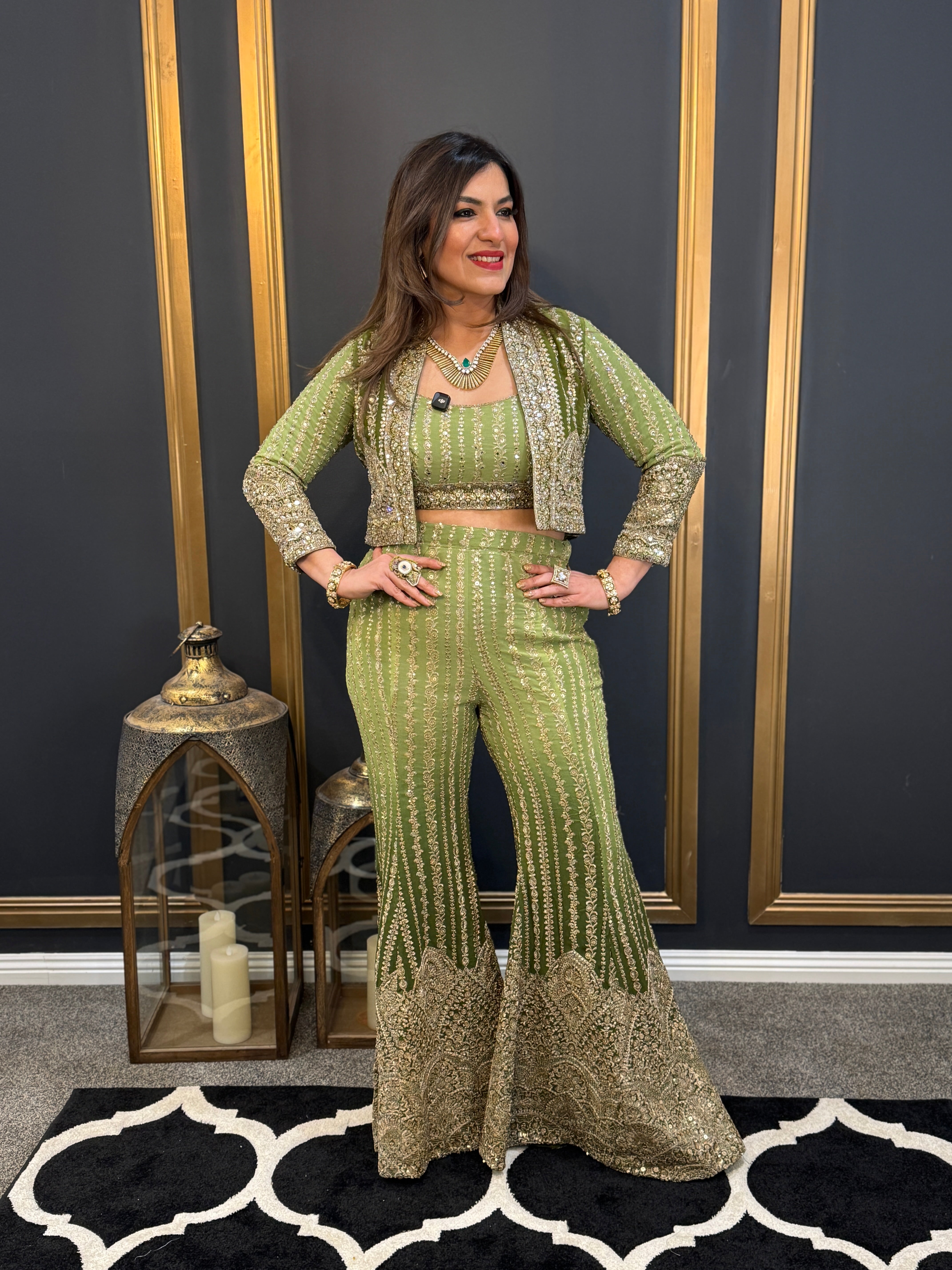 Green Indo-Western Embellished Sharara Set - Indo-western Wear