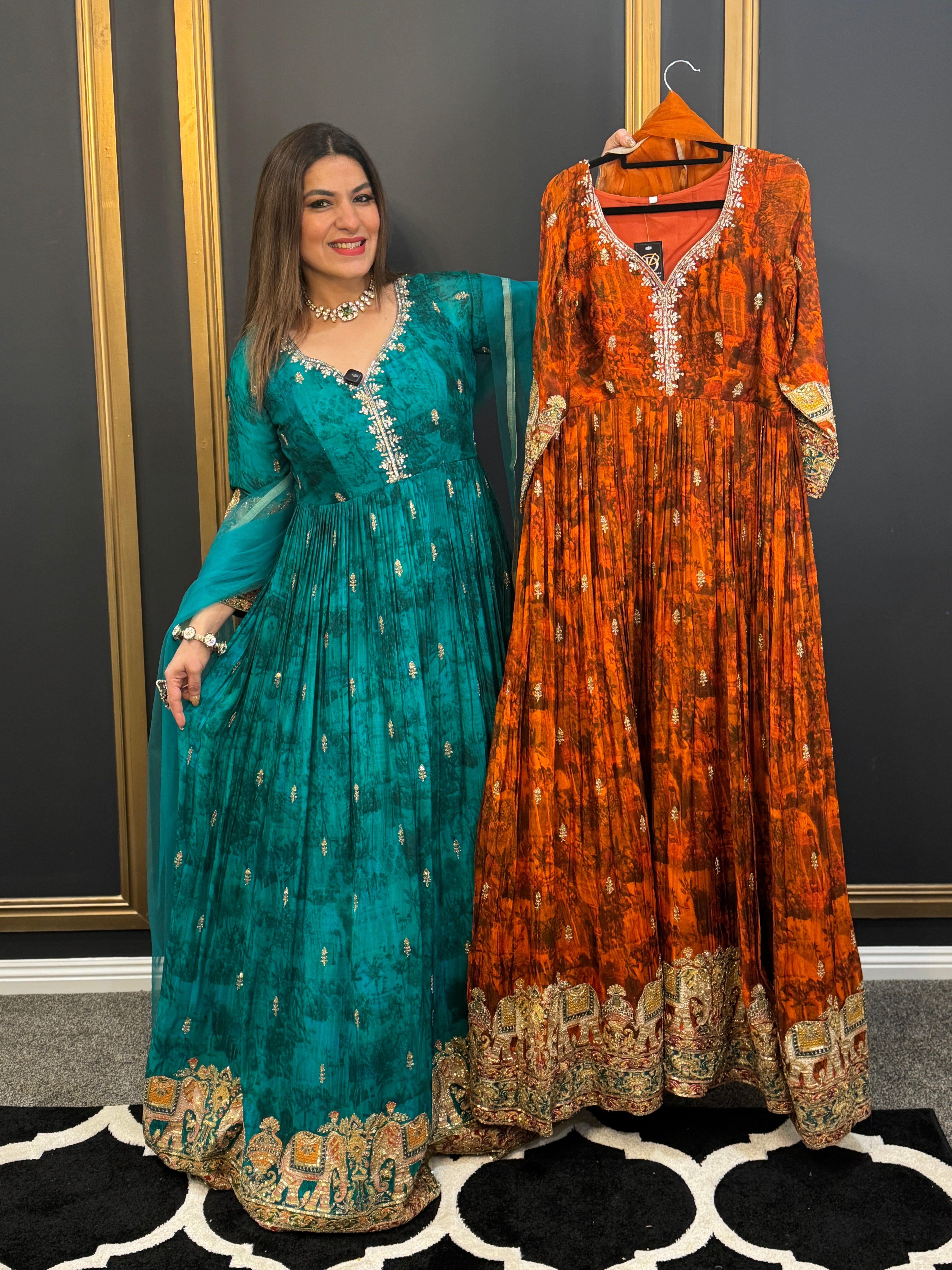 Peacock Green / Orange Embroidered Anarkali Set - Salwar Kameez