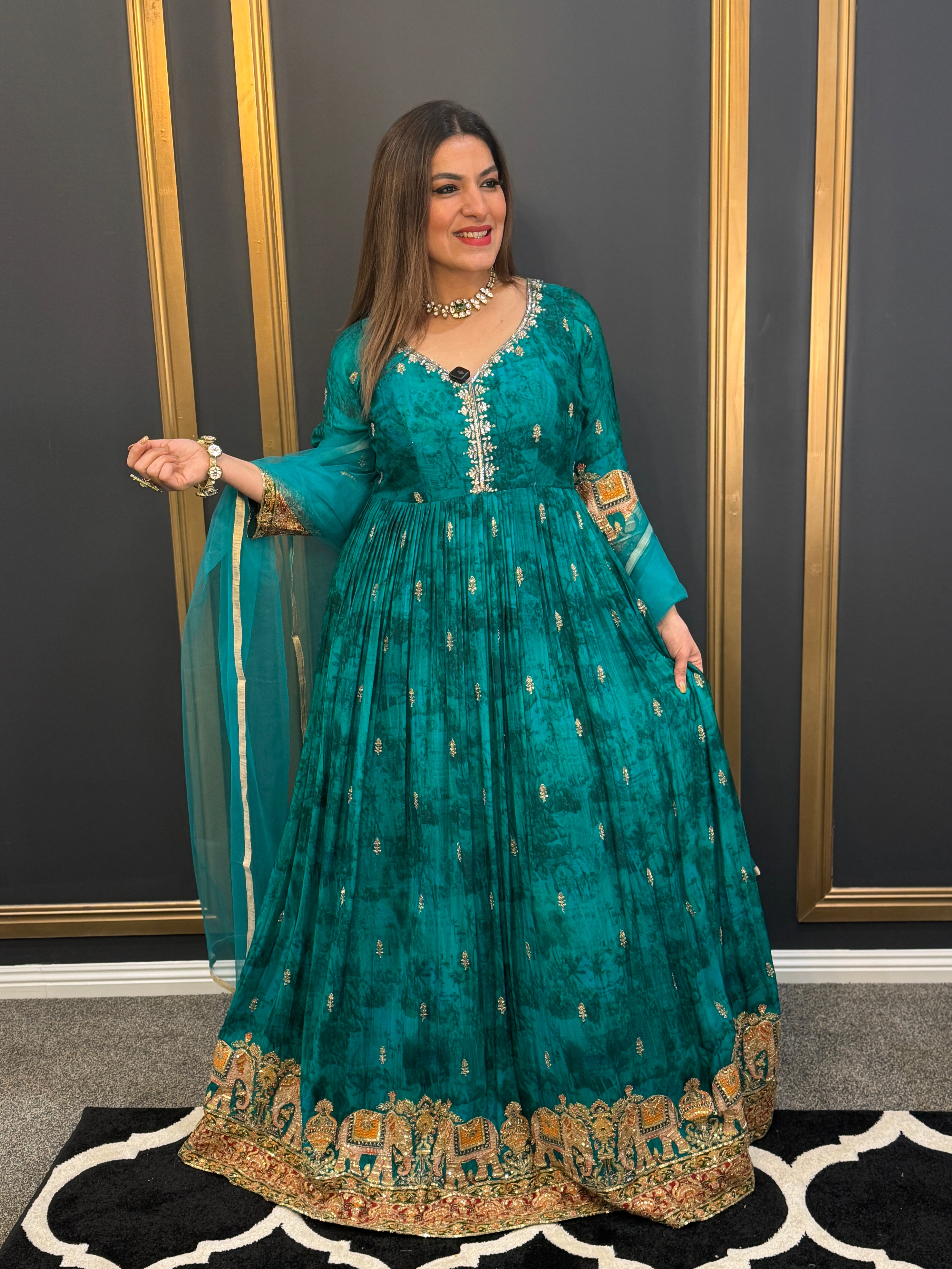 Peacock Green / Orange Embroidered Anarkali Set - Salwar Kameez (2)