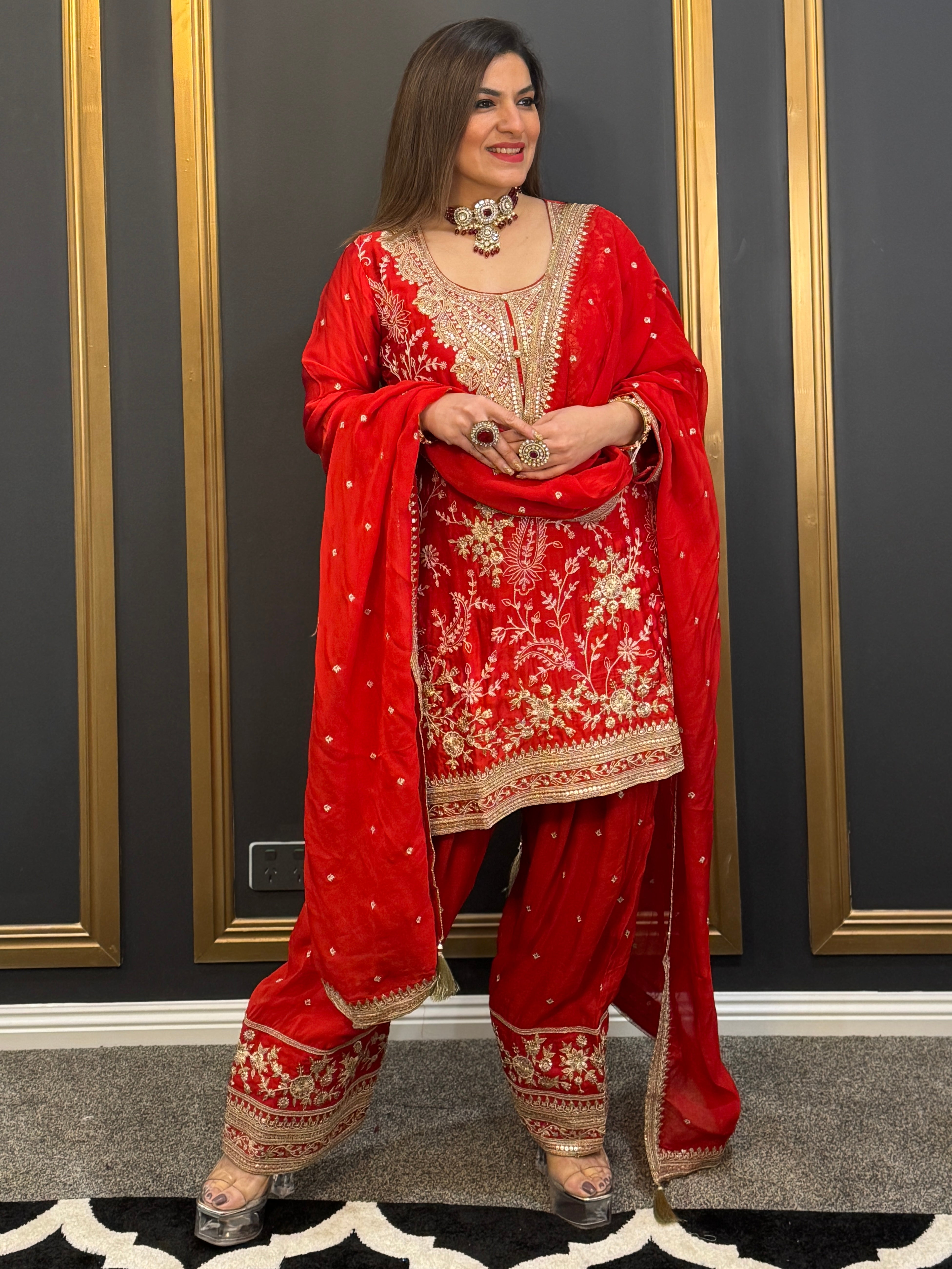 Vibrant Red / Blue Embroidered Salwar Kameez - Salwar Kameez (2)