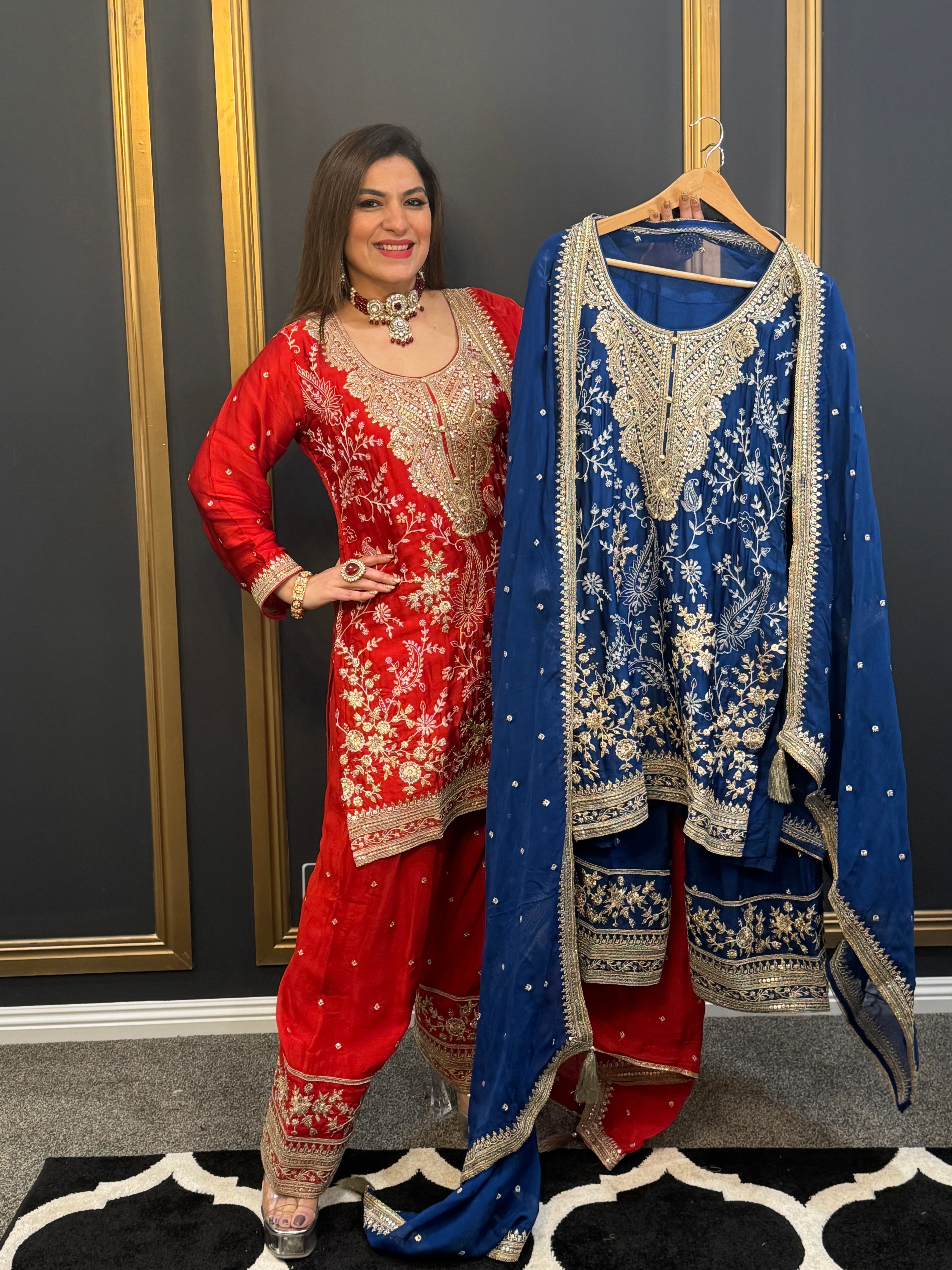 Vibrant Red / Blue Embroidered Salwar Kameez - Salwar Kameez