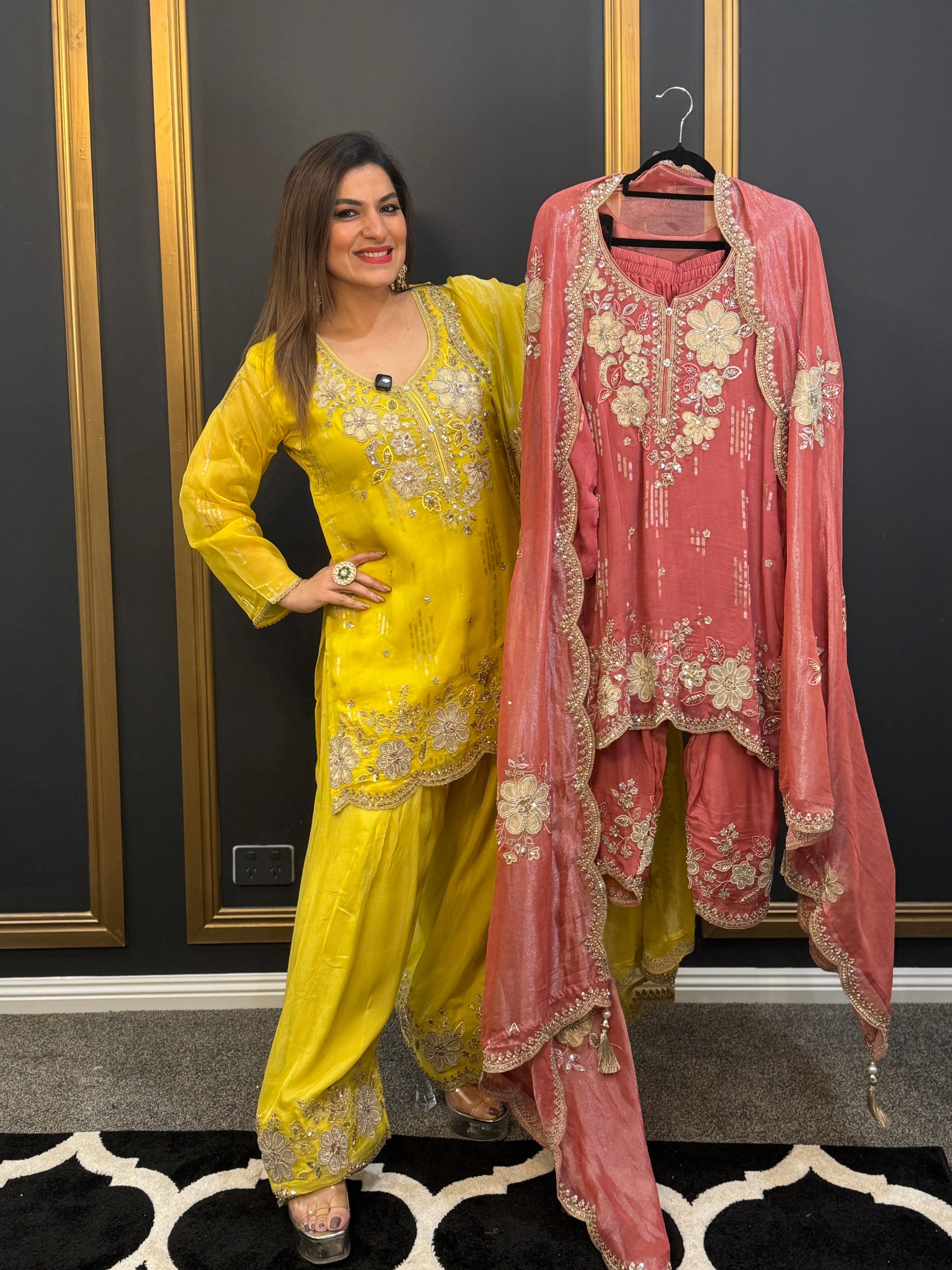 Vibrant Yellow/ Dark Orange Floral Embroidered Suit - Salwar Kameez (3)