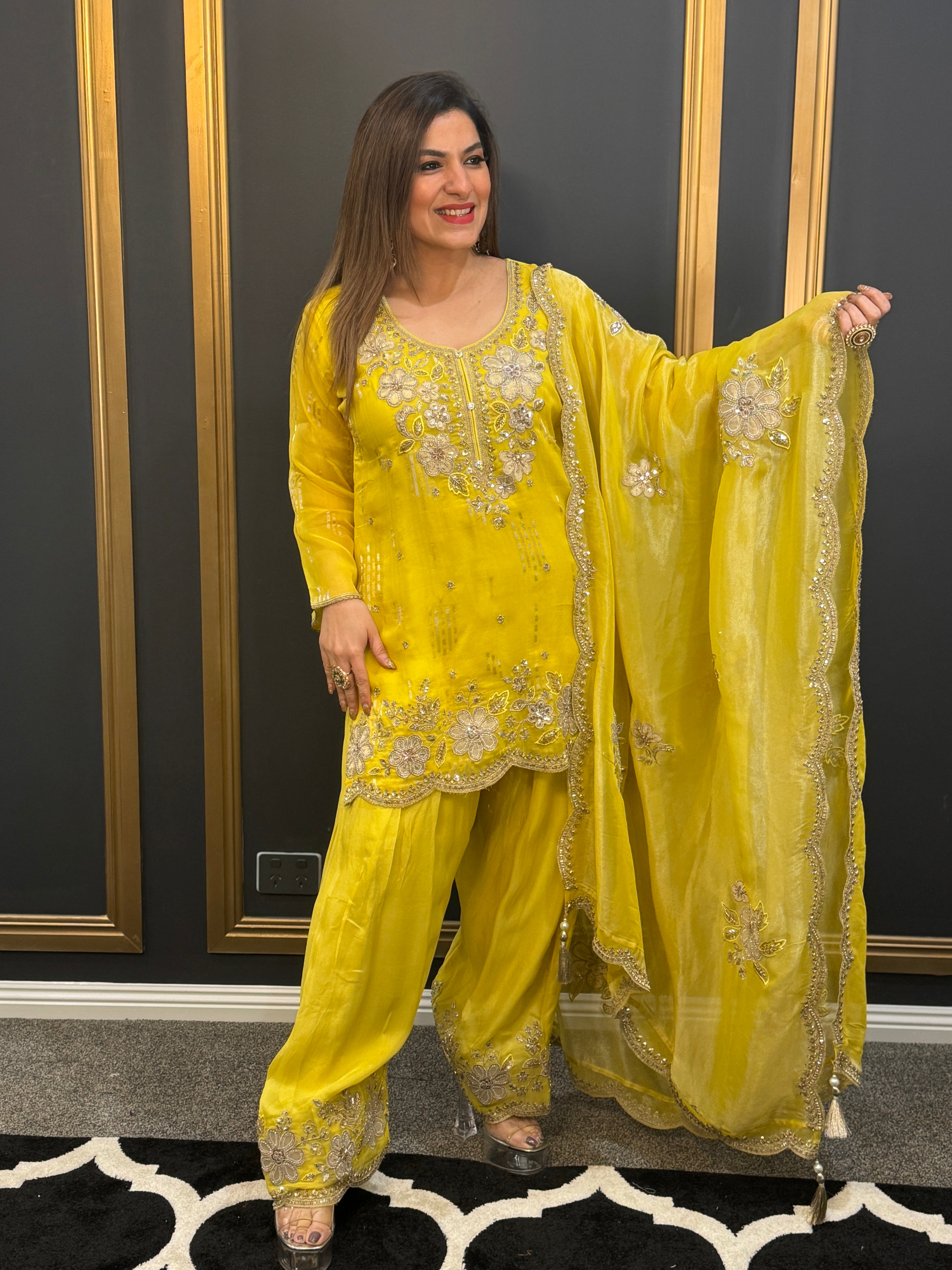 Vibrant Yellow/ Dark Orange Floral Embroidered Suit - Salwar Kameez (2)