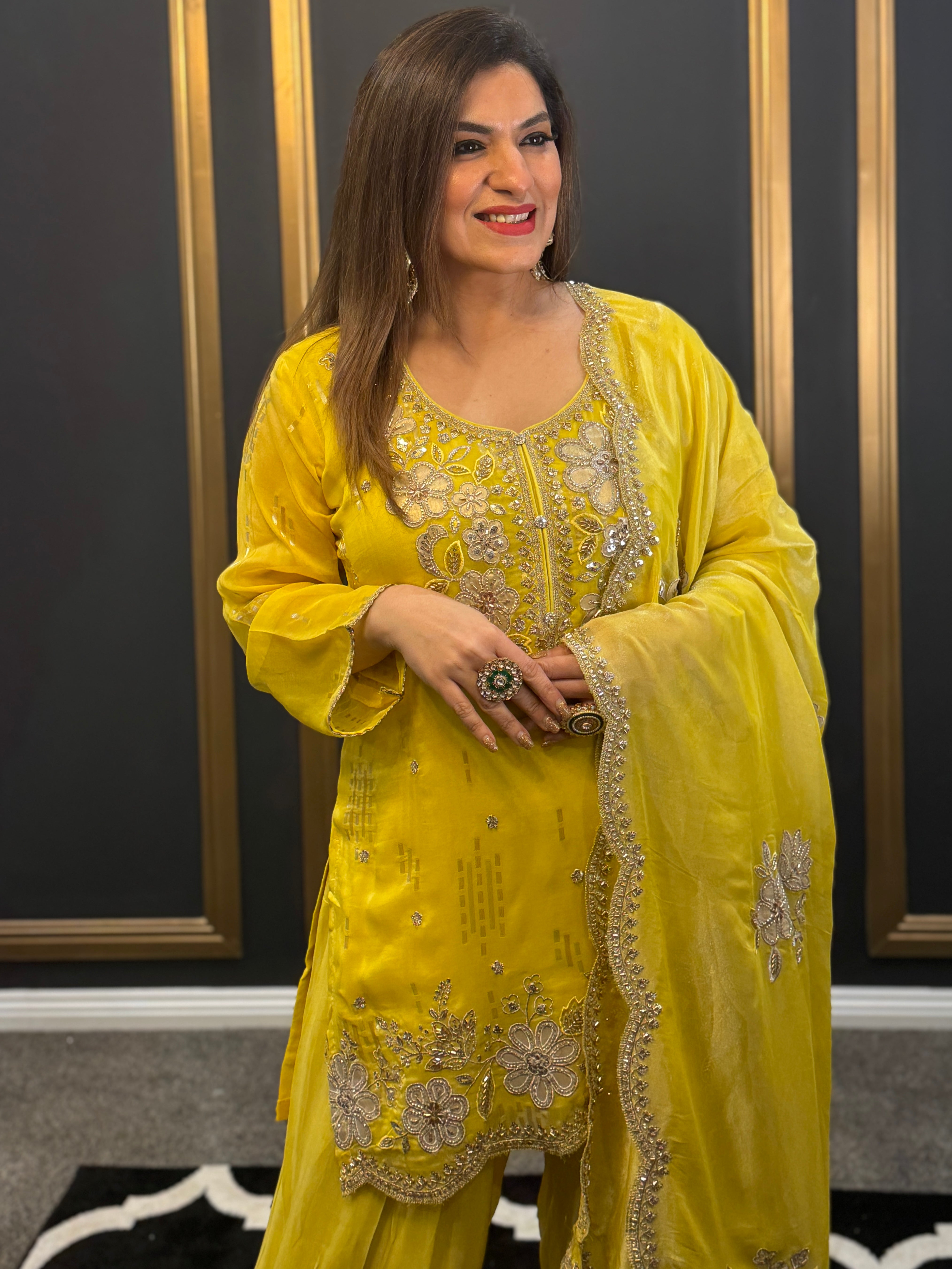 Vibrant Yellow/ Dark Orange Floral Embroidered Suit - Salwar Kameez