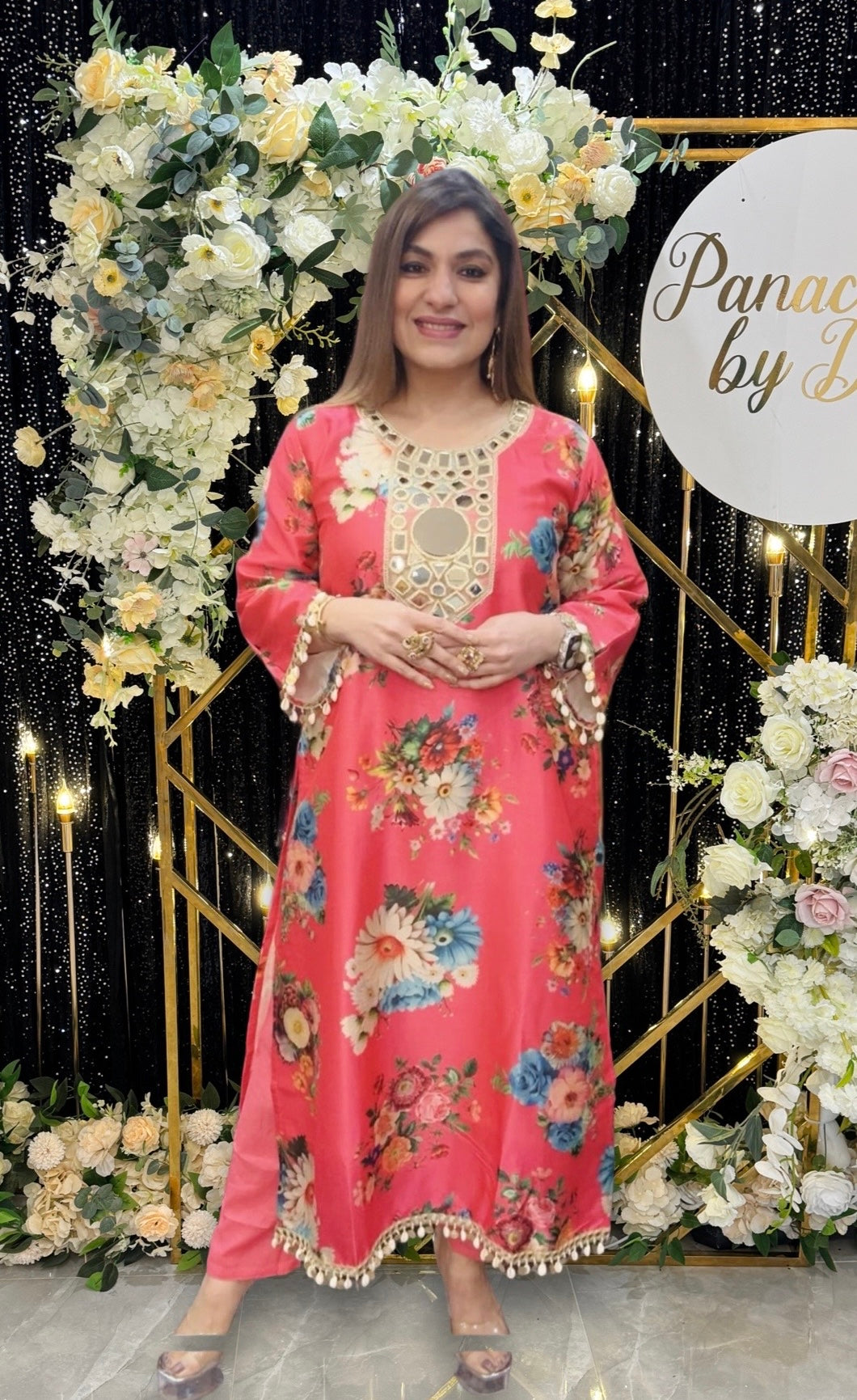Coral Floral Embellished Kurta Set - Coordset