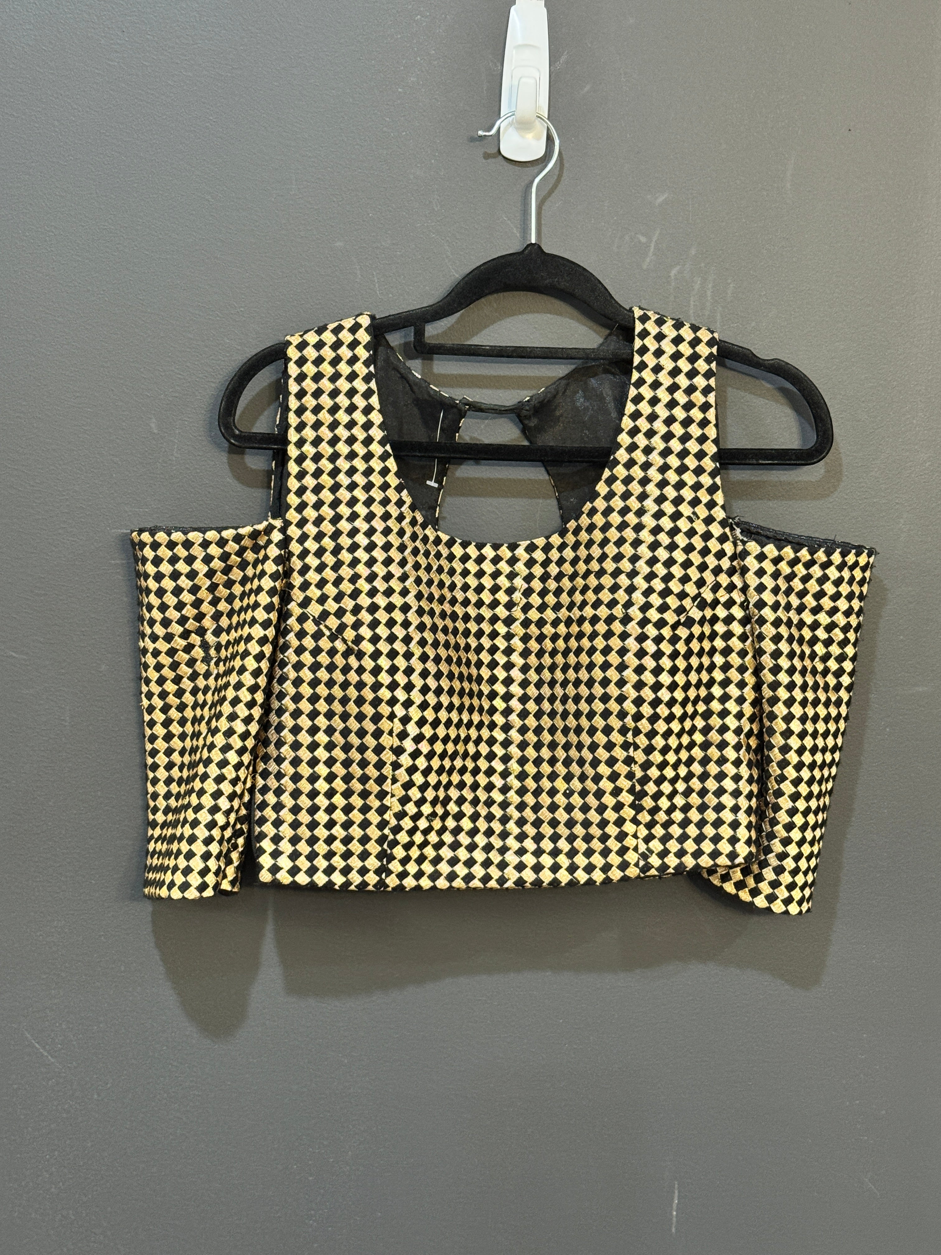 Gold and Black Checkered Cold-Shoulder Blouse - Blouse
