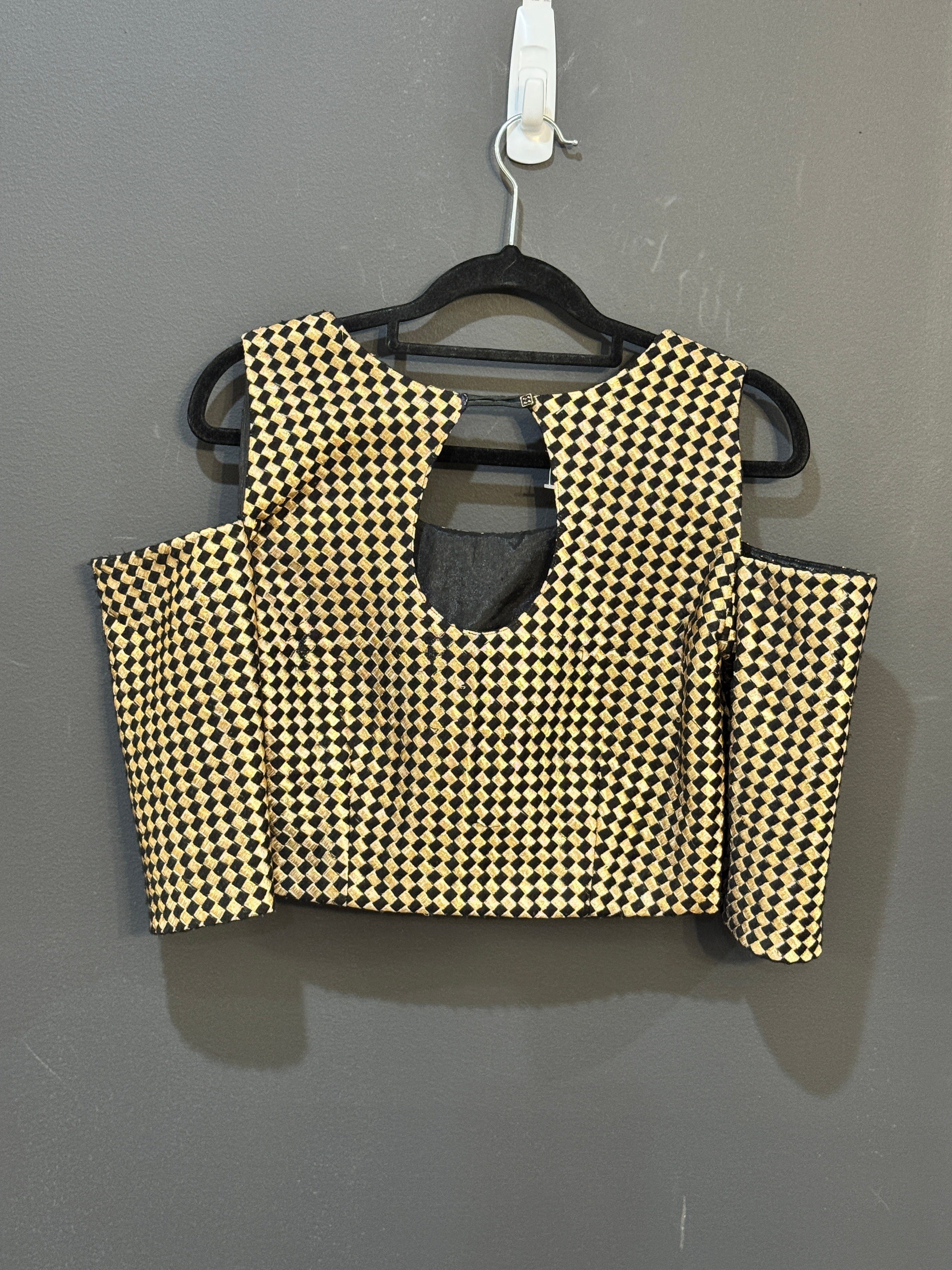 Gold and Black Checkered Cold-Shoulder Blouse - Blouse (2)
