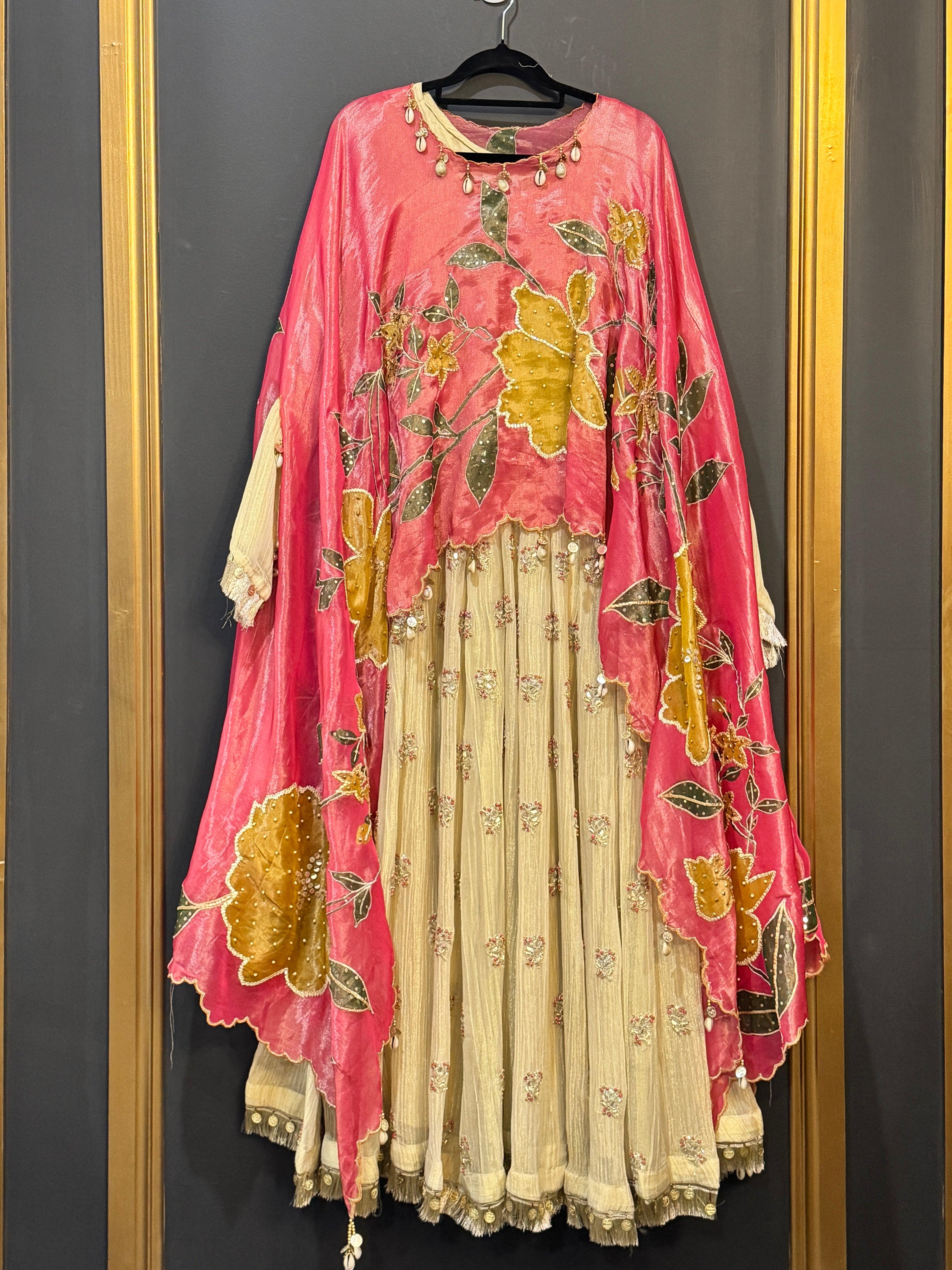 Beige Floral Embellished Anarkali Dress - Salwar Kameez (2)