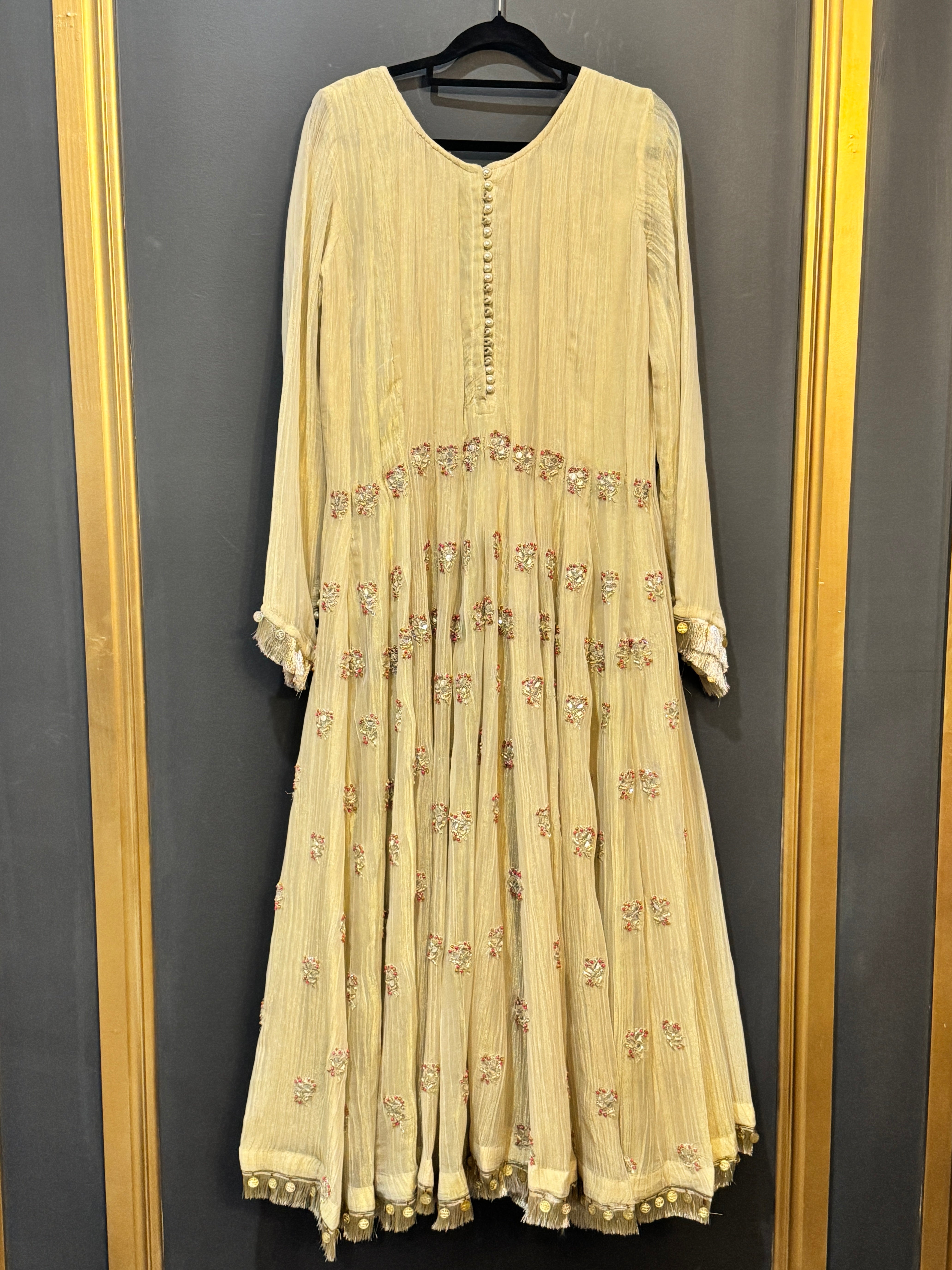 Beige Floral Embellished Anarkali Dress - Salwar Kameez