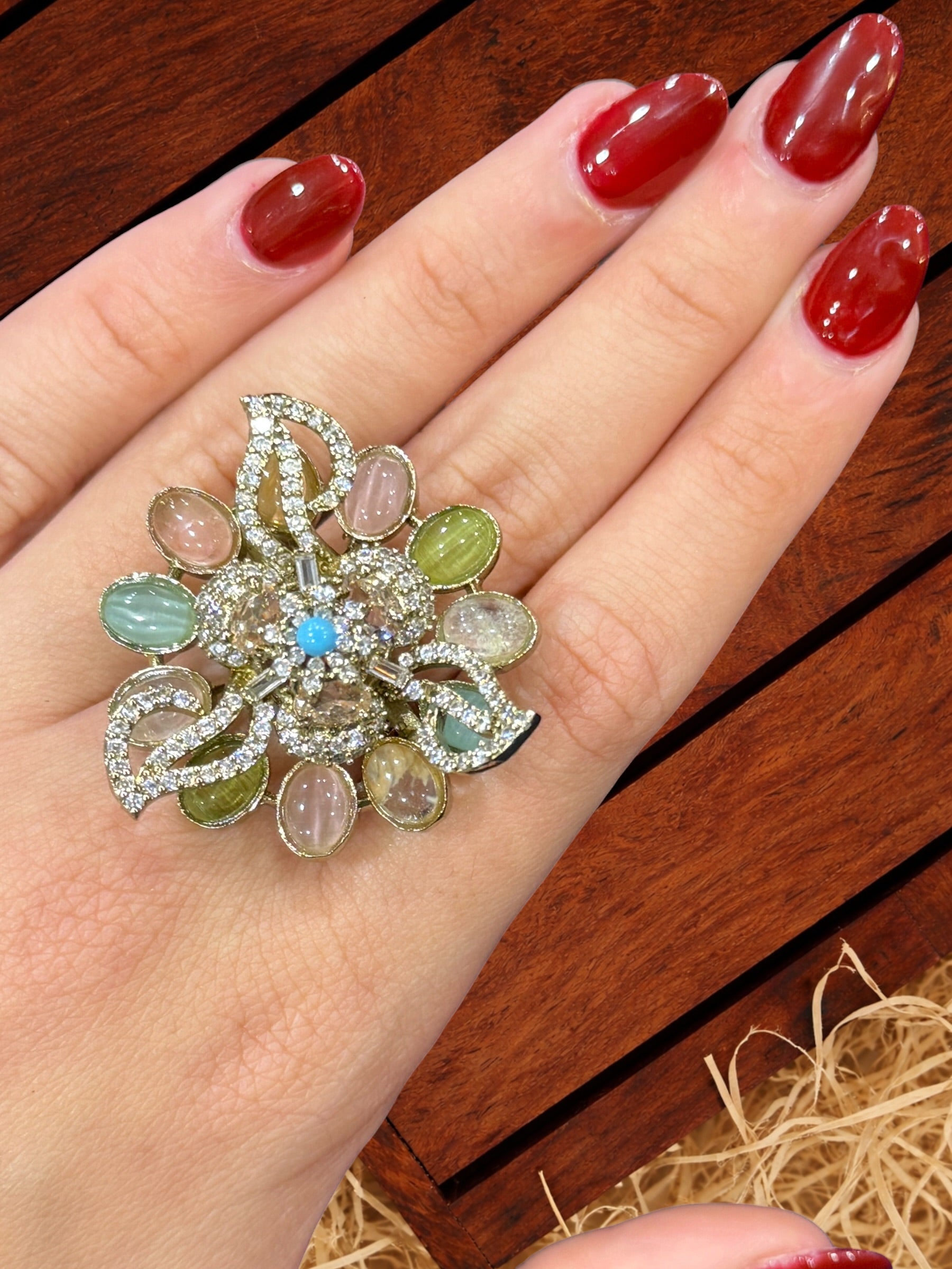 Elegant Multicolor Gemstone Floral Ring