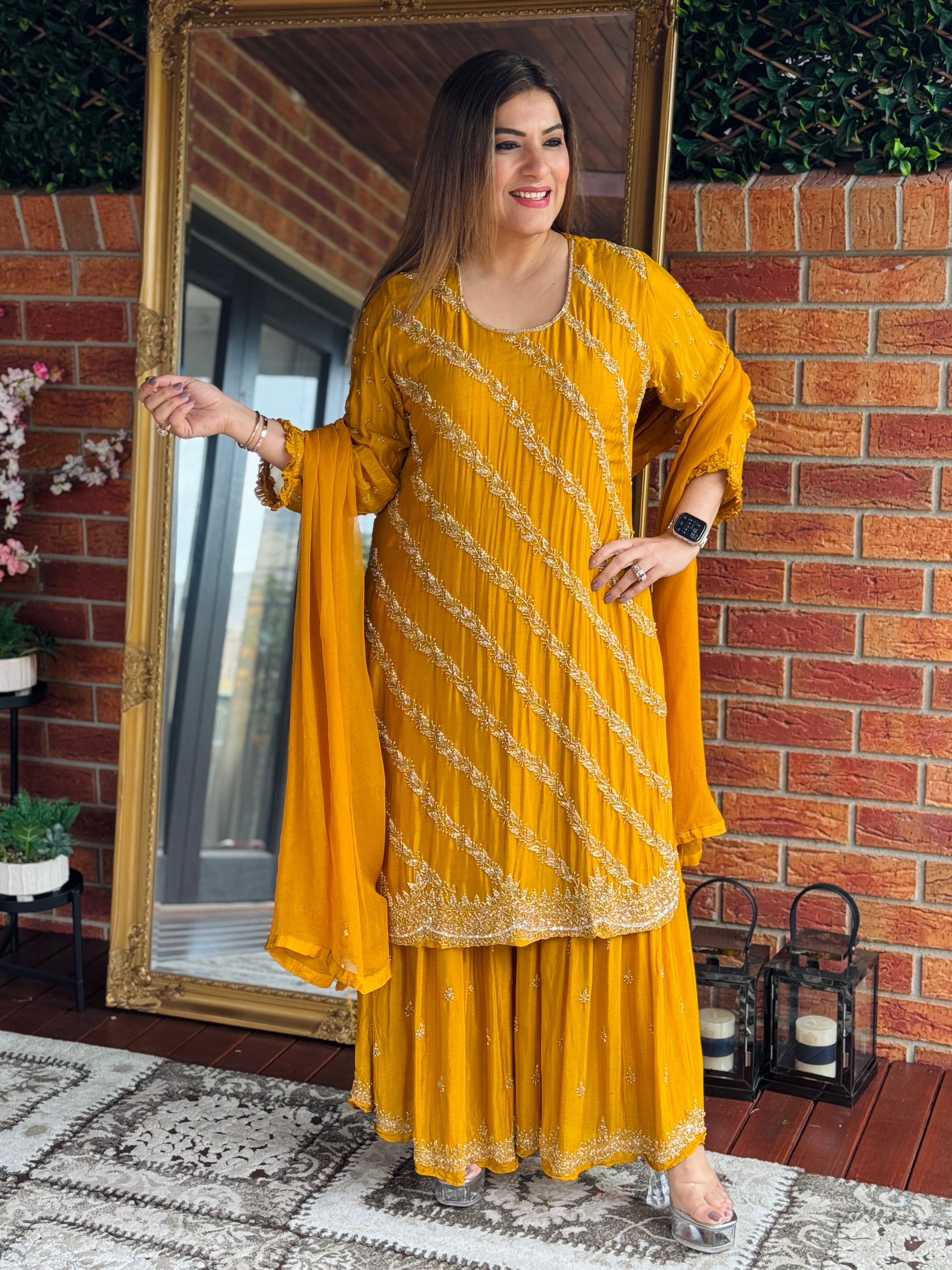 Mustard Embellished Diagonal Design Dress - Salwar Kameez (2)