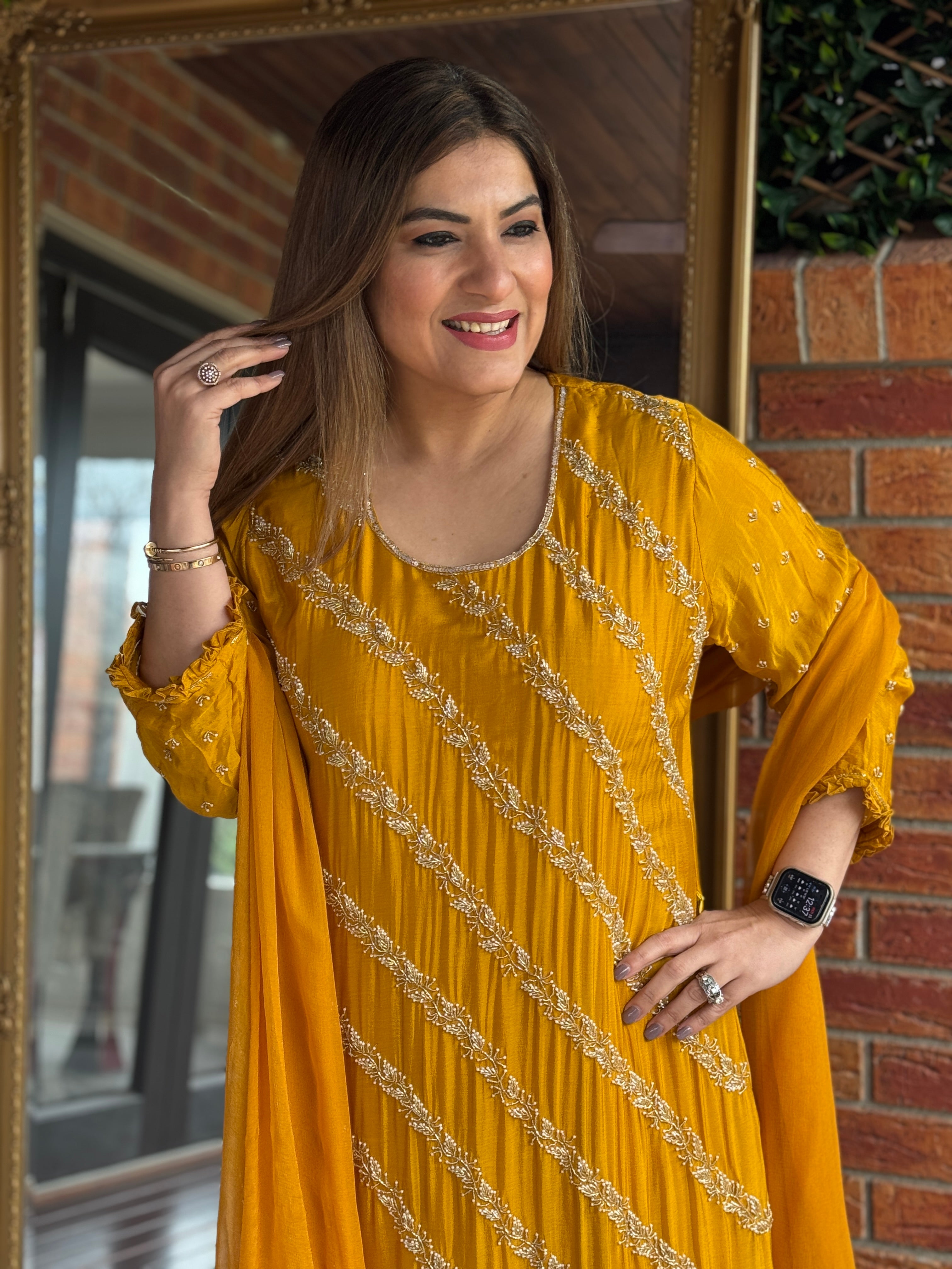 Mustard Embellished Diagonal Design Dress - Salwar Kameez