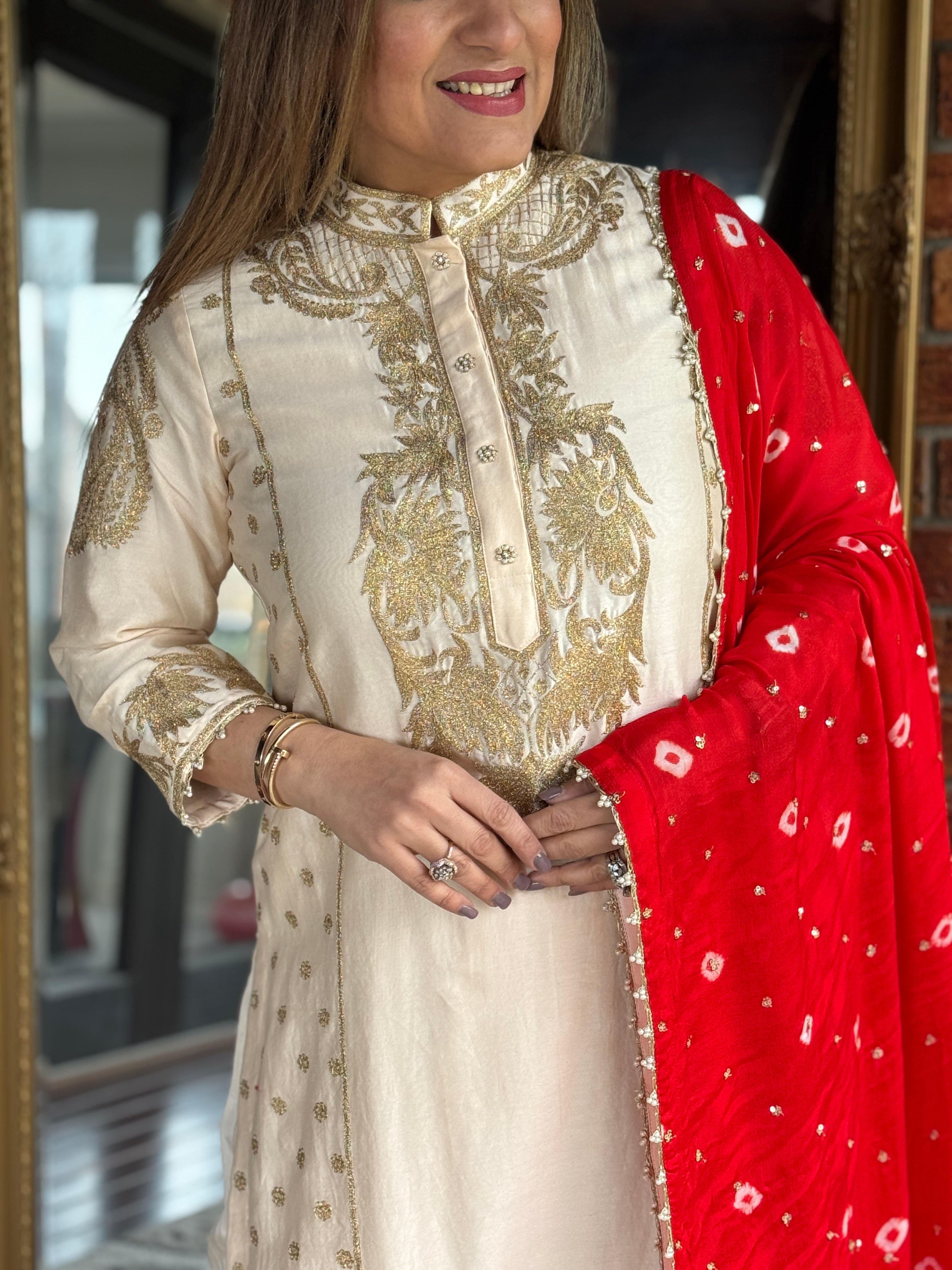 Elegant Cream Suit with Red Dupatta - Salwar Kameez (2)