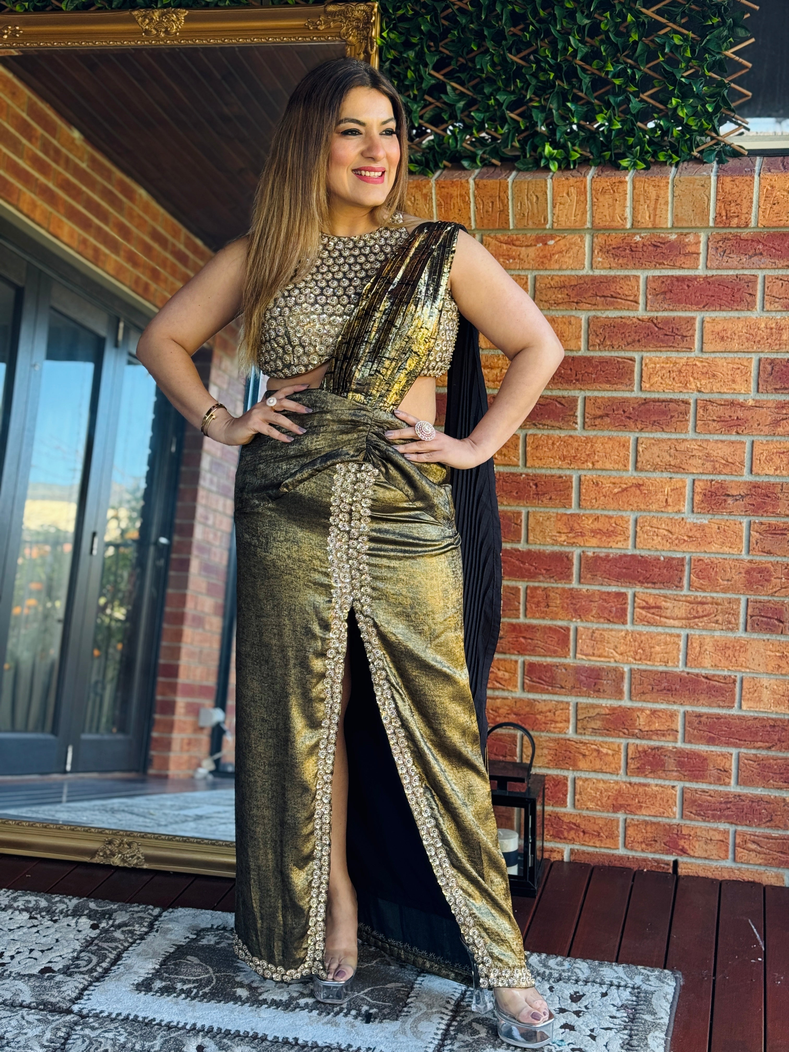 Elegant Gold and Black Party Saree - Saree