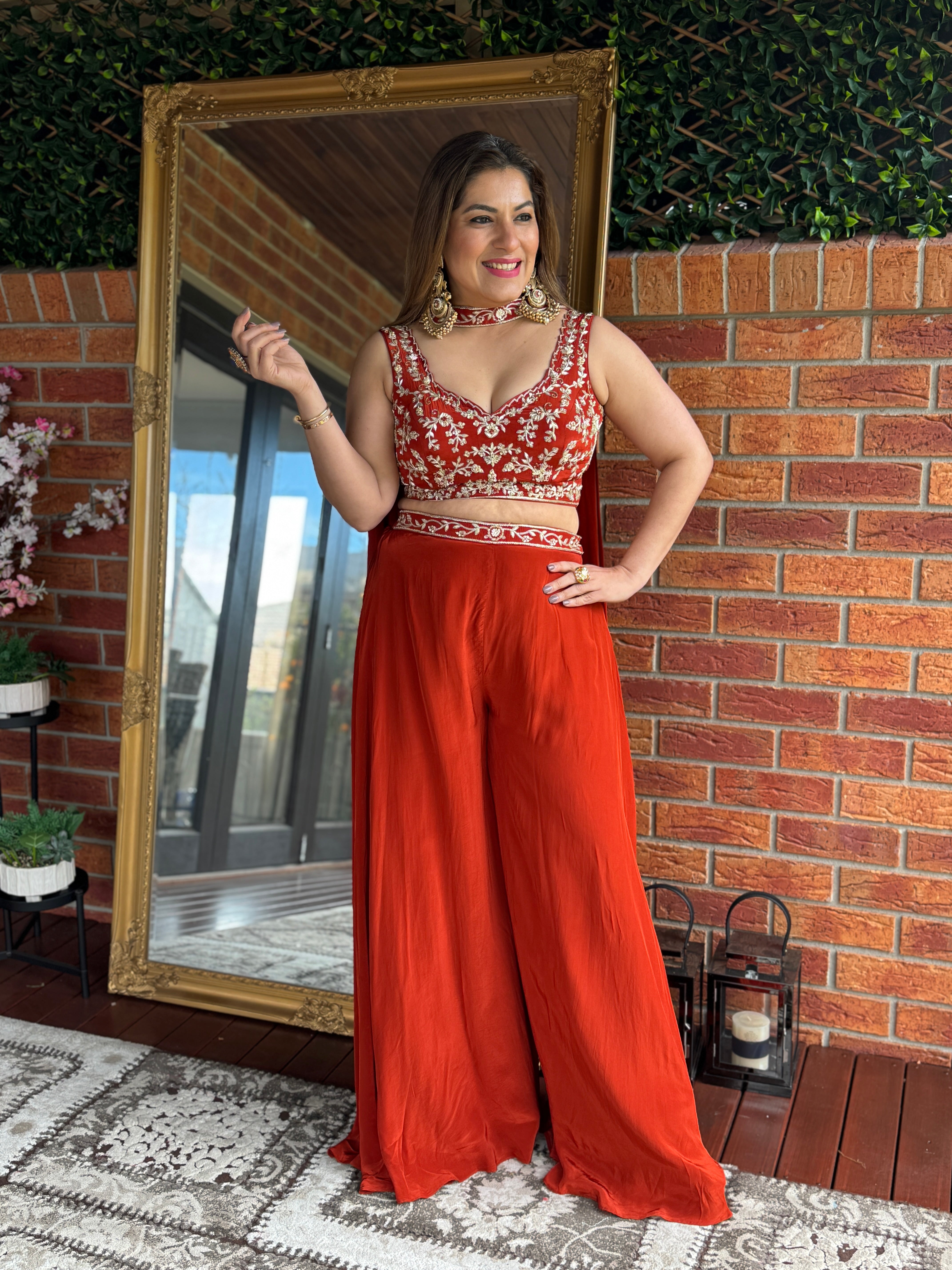 Rust and White Embroidered Indo-Western Set - Indo-western Wear