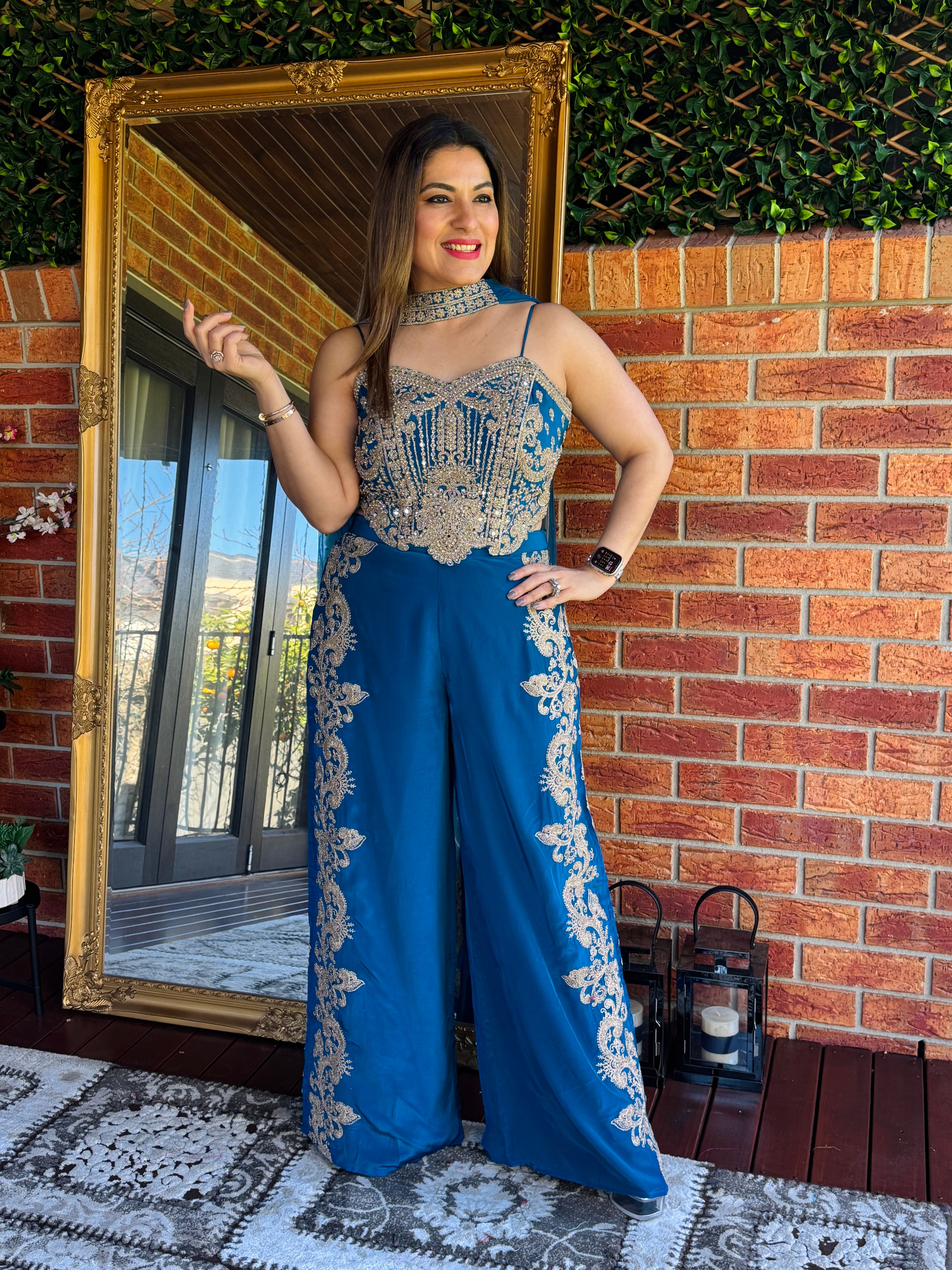Teal Indo-Western Embroidered Jumpsuit - Indo-western Wear (2)