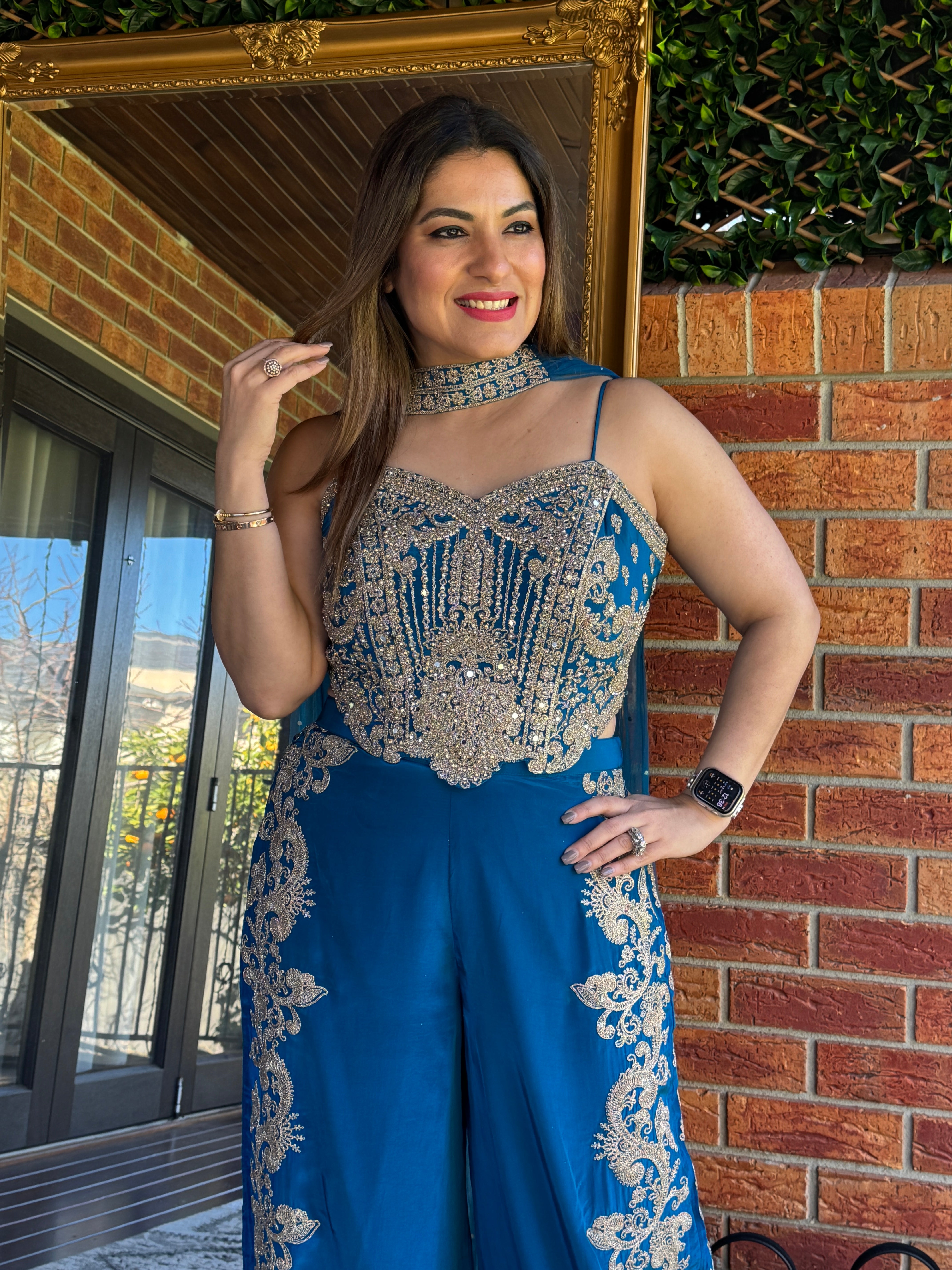 Teal Indo-Western Embroidered Jumpsuit - Indo-western Wear