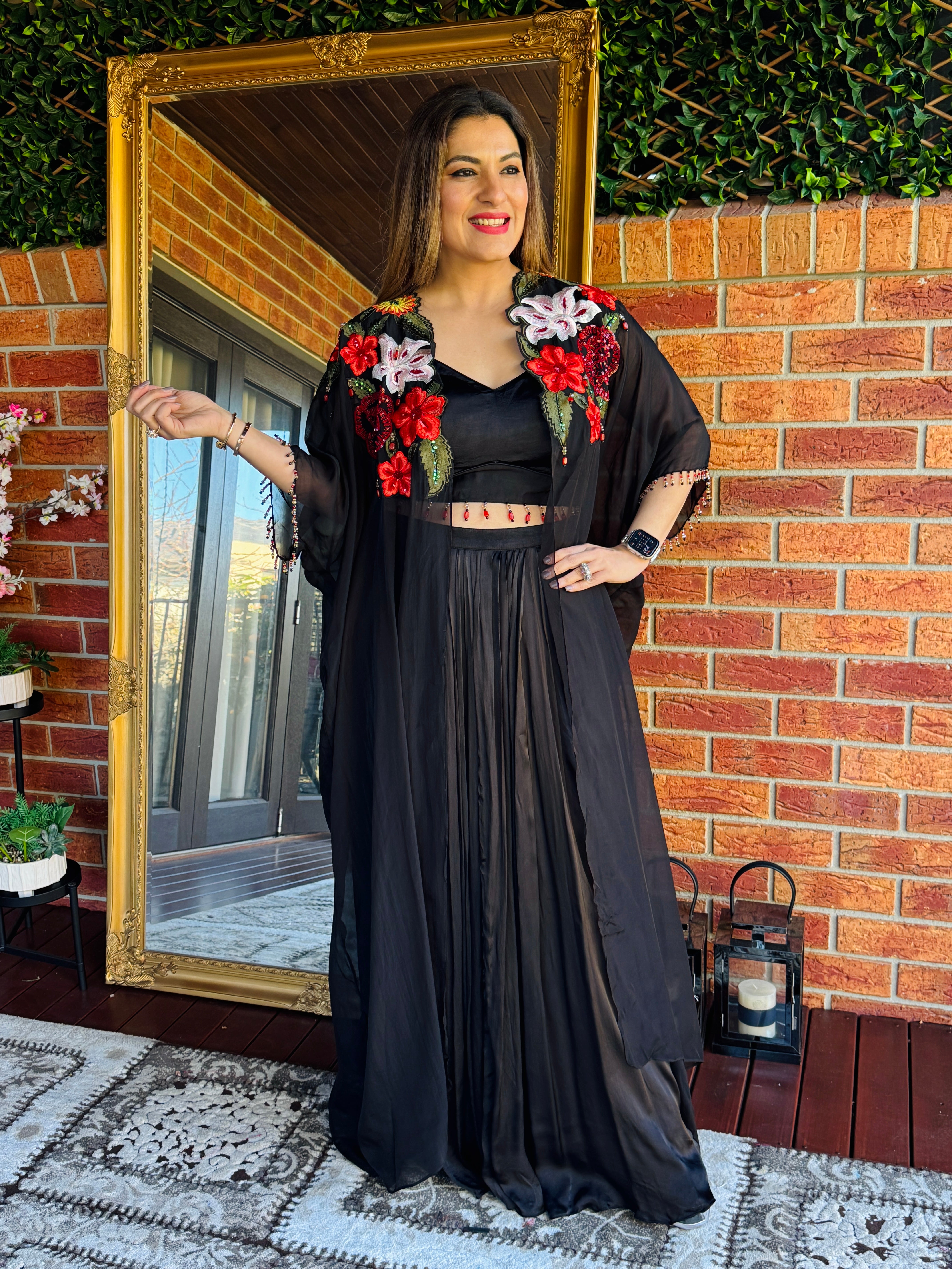 Elegant Black Floral Cape Dress - Indo-western Wear