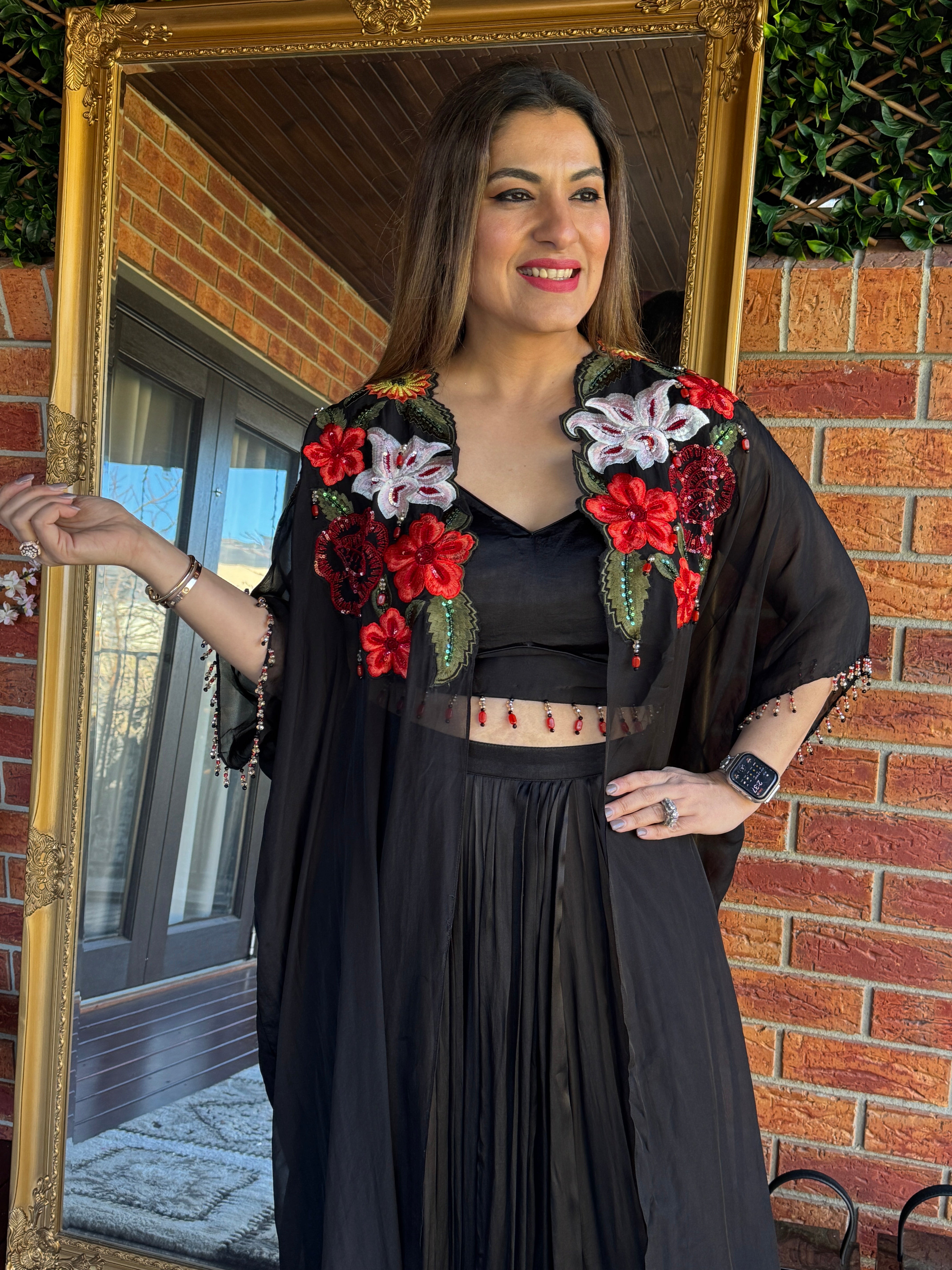 Elegant Black Floral Cape Dress - Indo-western Wear (2)