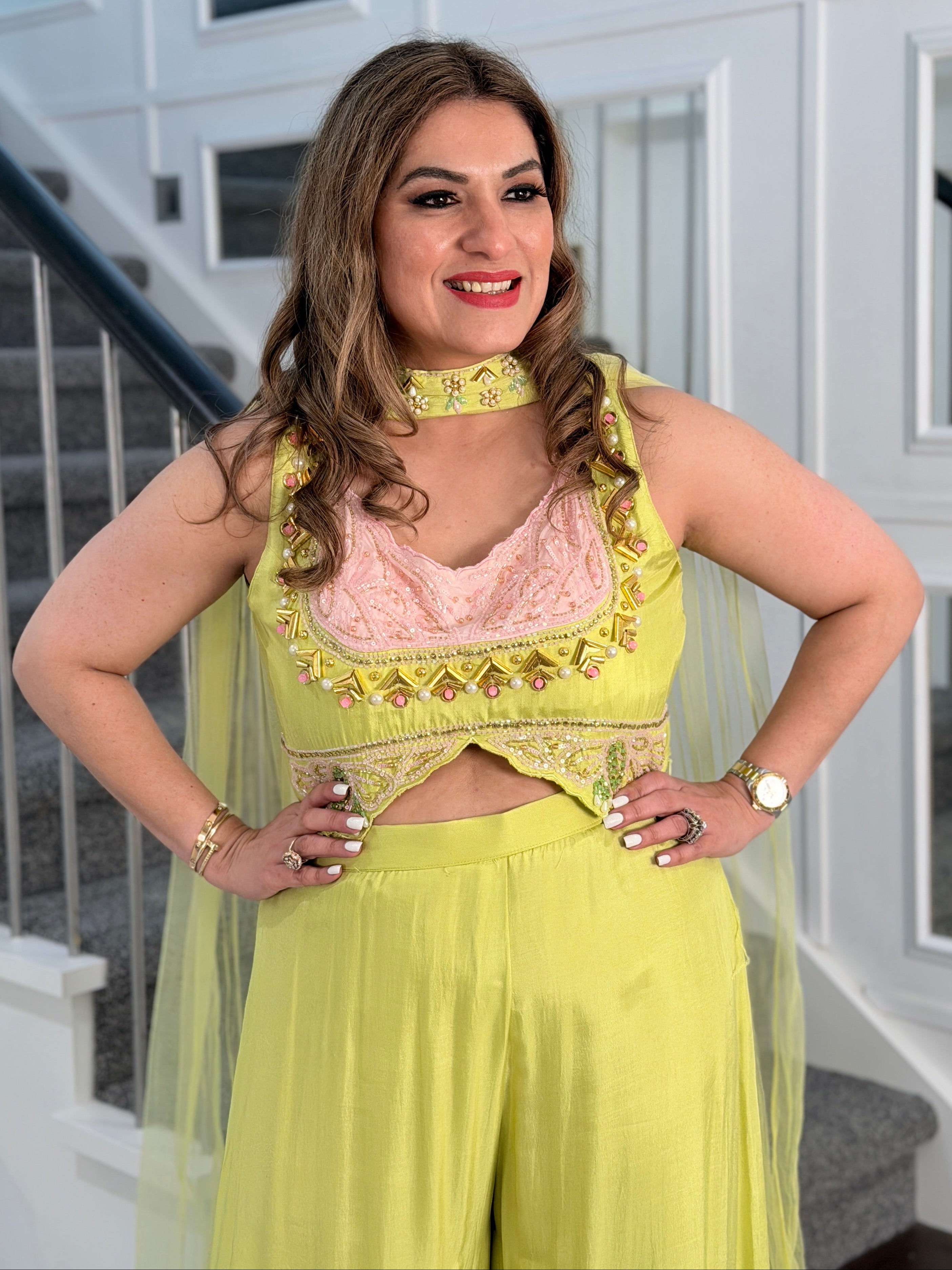 Lime Green Indo-Western Set with Pink Accents - Indo-western Wear (2)