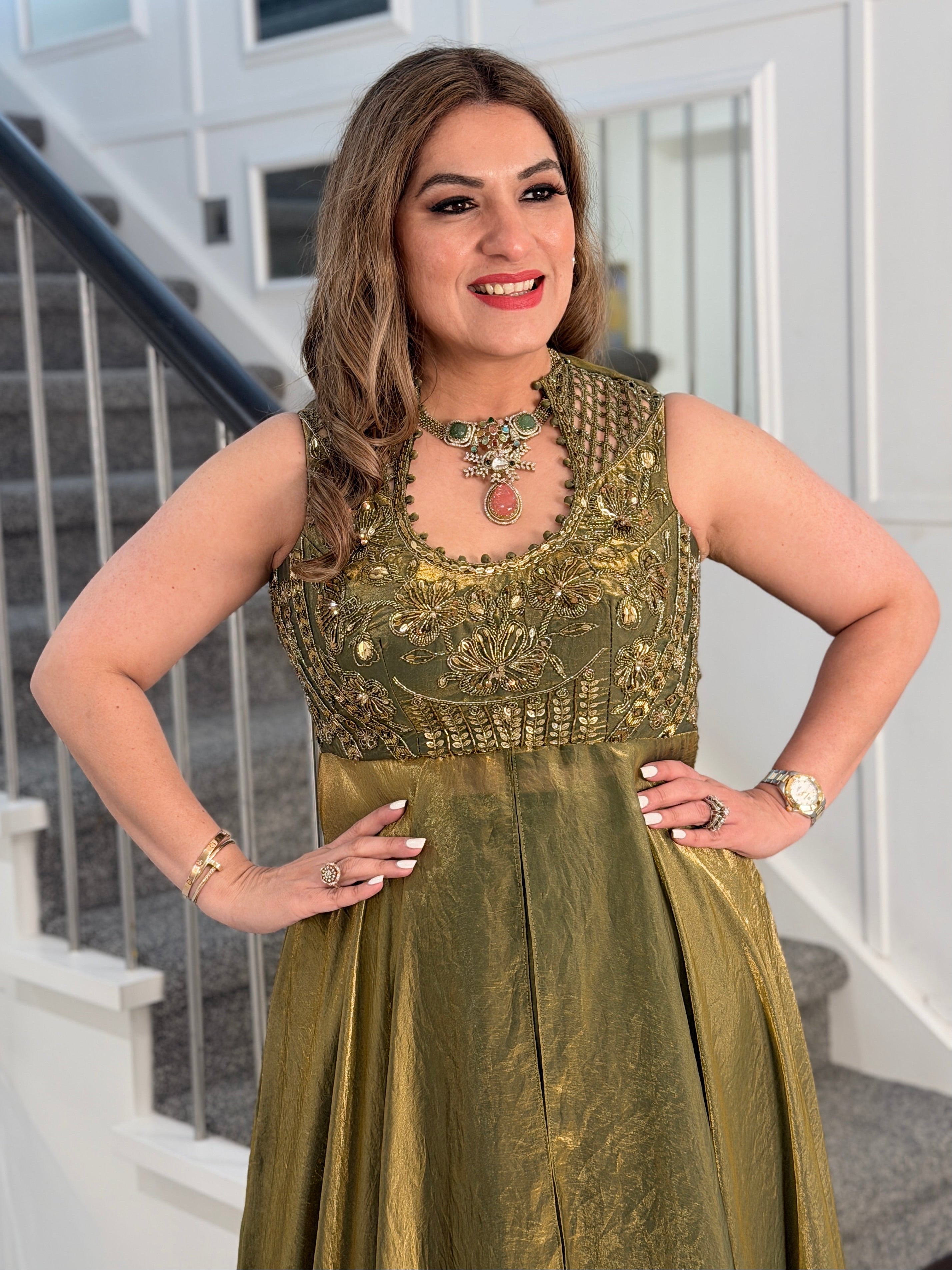 Olive Green Indo-Western Gown - Indo-western Wear (2)