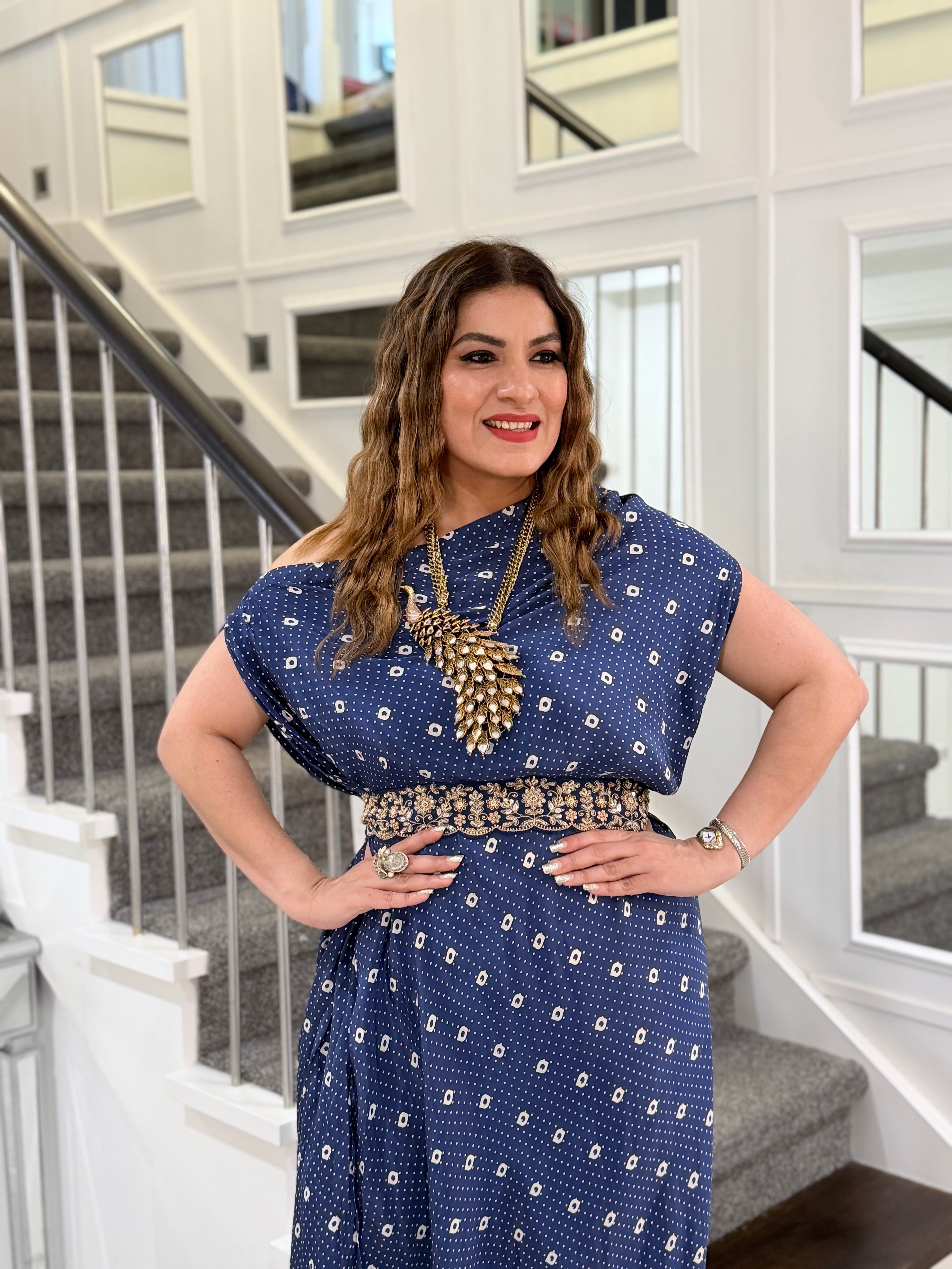 Elegant Navy Indo-western Dress with Belt - Indo-western Wear