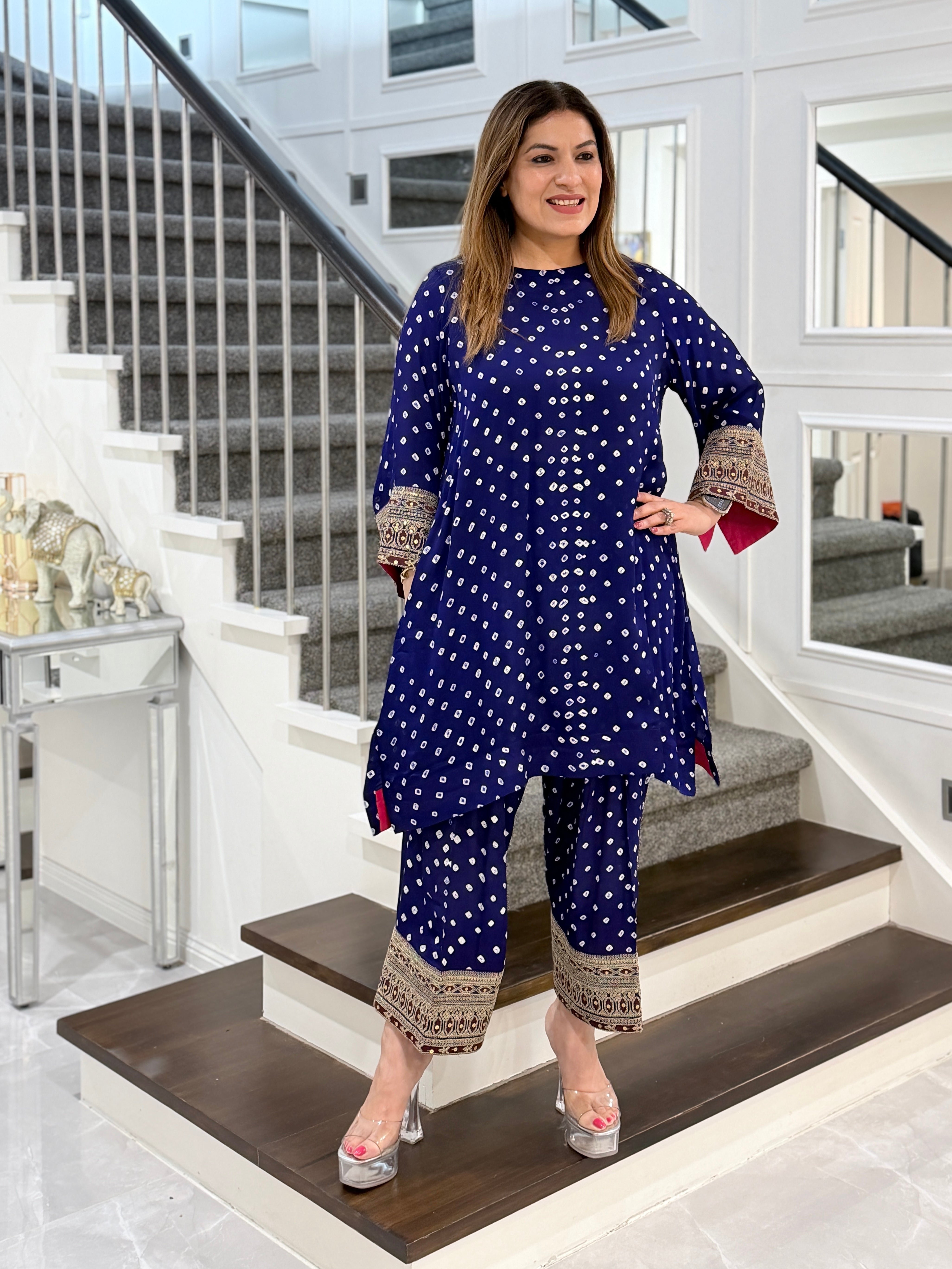 Navy Ethnic Kurta with Printed Pants - Indo-western Wear