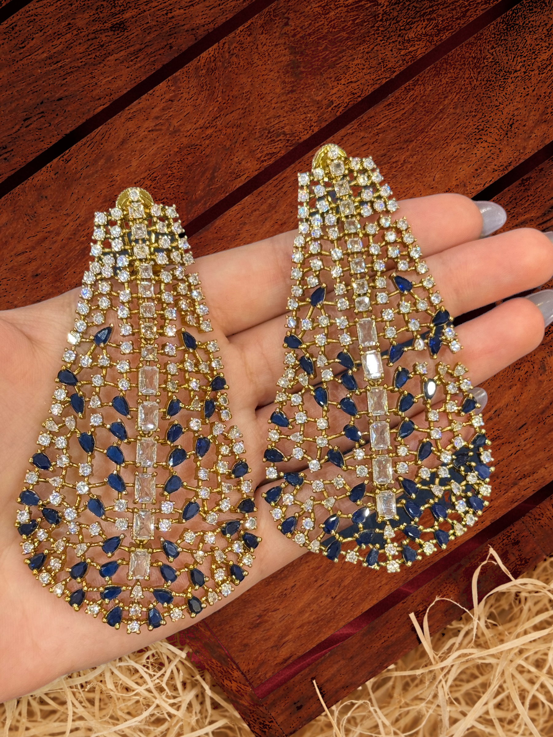 Elegant Gold and Blue Crystal Earrings - Earrings - Western/ Indo Western