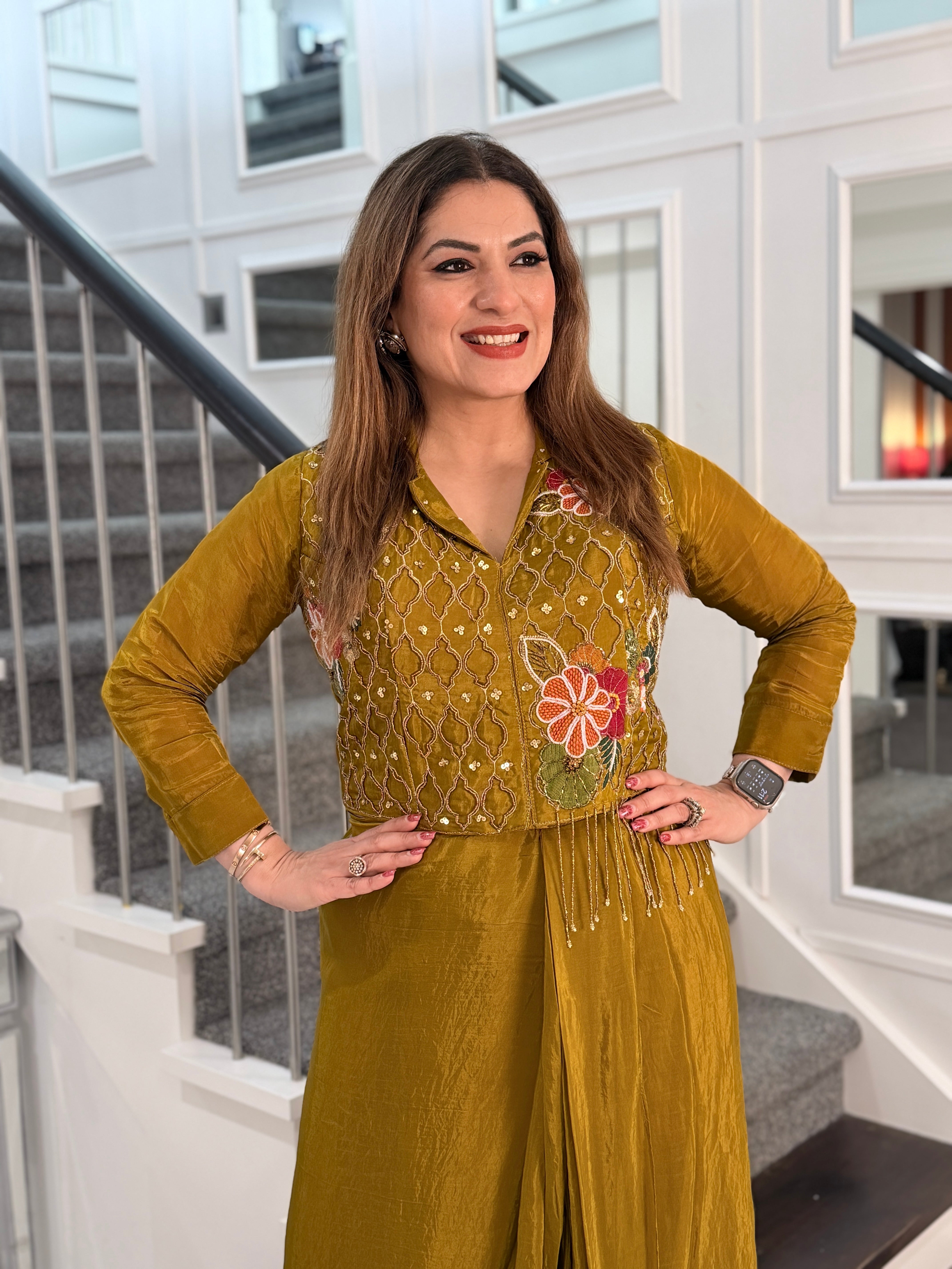 Olive Indo-Western Dress with Floral Accents - Indo-western Wear (2)