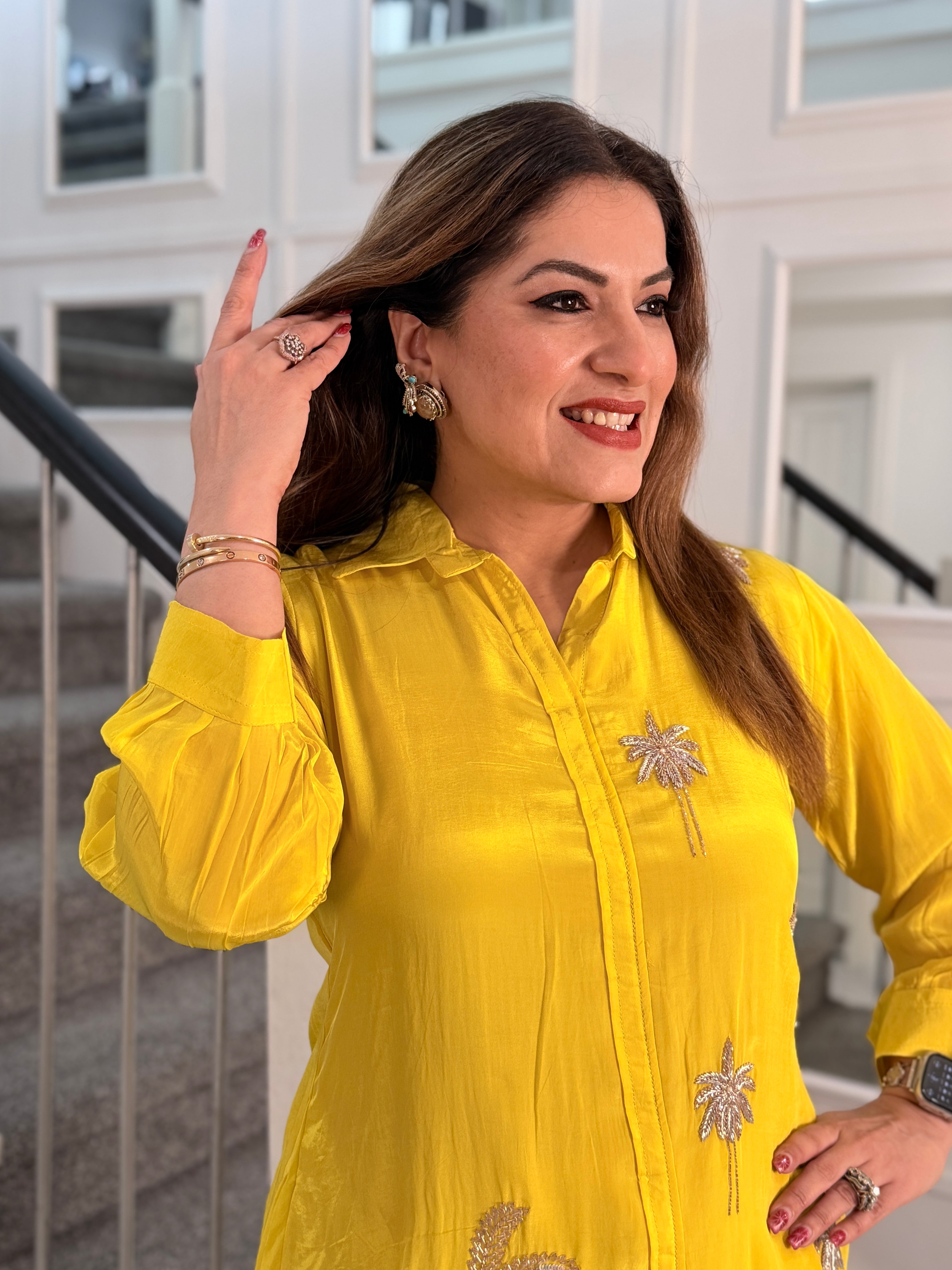 Yellow Kurta with Embroidery and Cream Pants - Indo-western Wear (4)