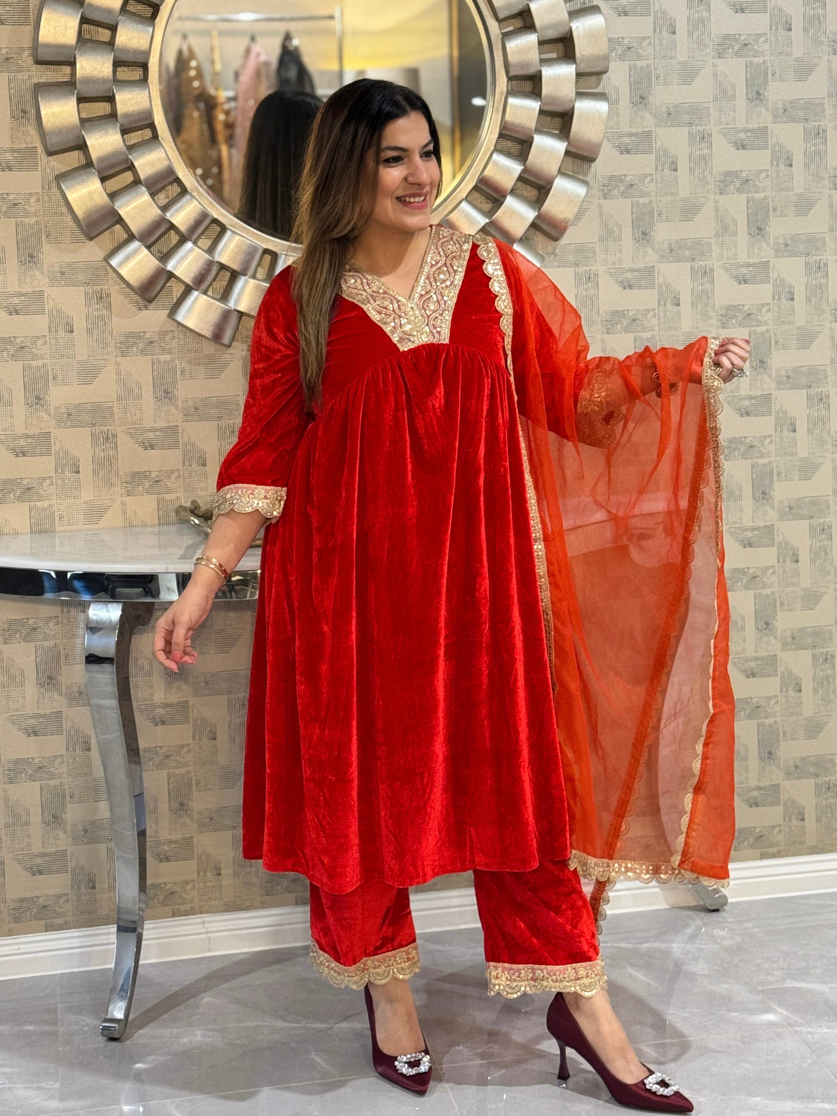 Elegant Orange Anarkali with Gold Detailing - Coordset