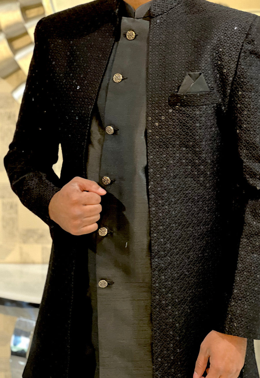 Mens Wear - Long Black Jacket with matching Kurta and pants Set