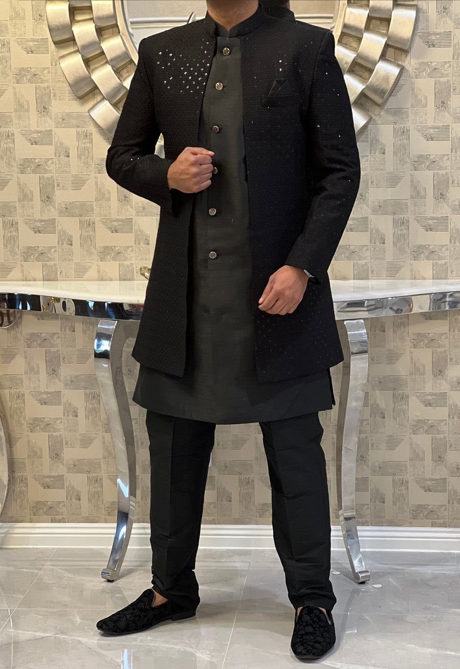 Mens Wear - Long Black Jacket with matching Kurta and pants Set