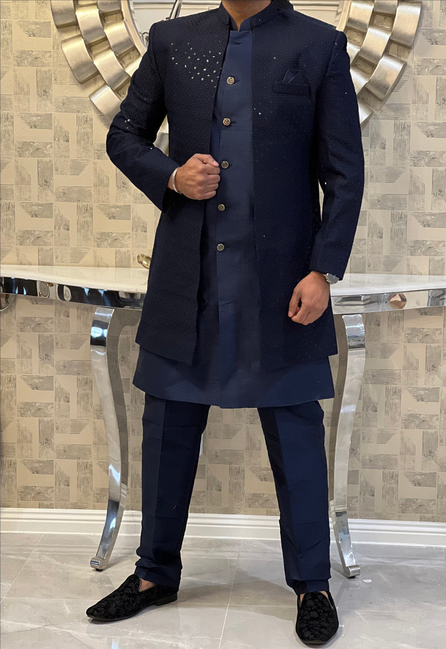 Mens Wear - Blue Long Jacket with matching Kurta and pants Set