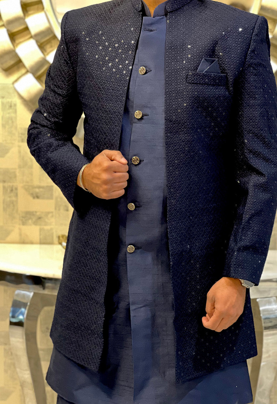 Mens Wear - Blue Long Jacket with matching Kurta and pants Set