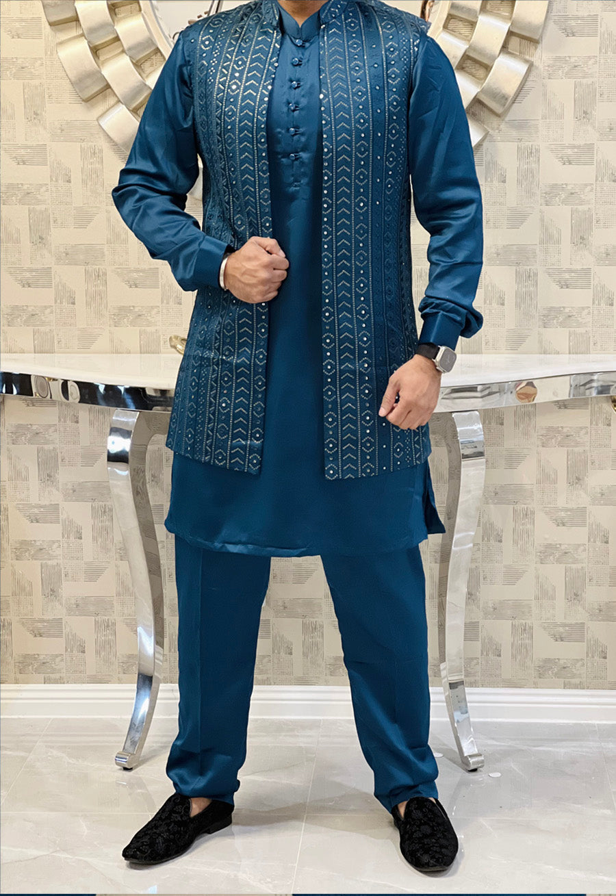 Mens Wear - Long Aqua Green Jacket with matching Kurta and pants Set